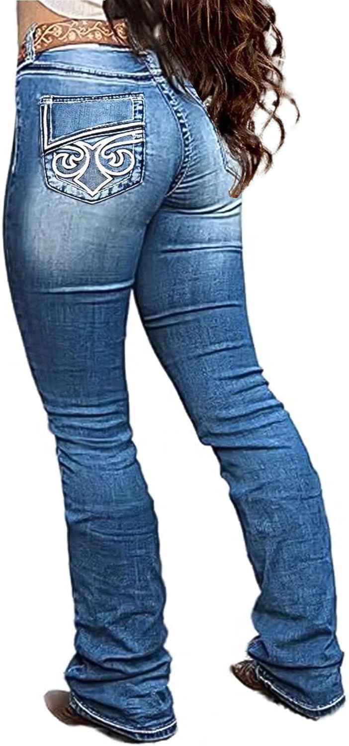 Flamingals Boot Cut Jeans for Women Trendy Stretch Jeans Butt Lifting Tummy Control Denim Pants Sea Blue 2XL