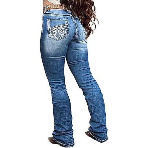 Flamingals Boot Cut Jeans for Women Trendy Stretch Jeans Butt Lifting Tummy Control Denim Pants Sea Blue 2XL