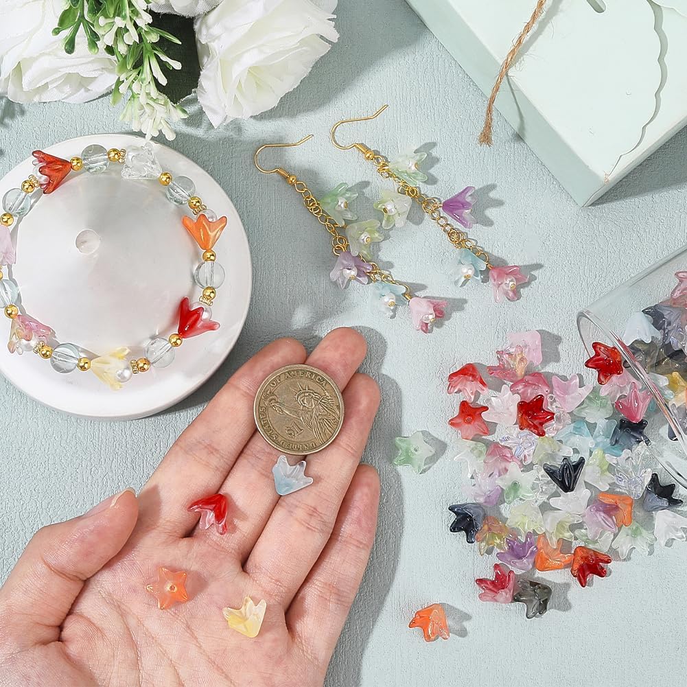 1 Box 150Pcs Flower Colorful Glass Beads Transparent Two Tone Lily Flowers Crystal Cute Lampwork Loose Spacer Bead Bulk for Jewelry Making Earrings Bracelets Necklaces DIY Crafts Supplies - Image 3