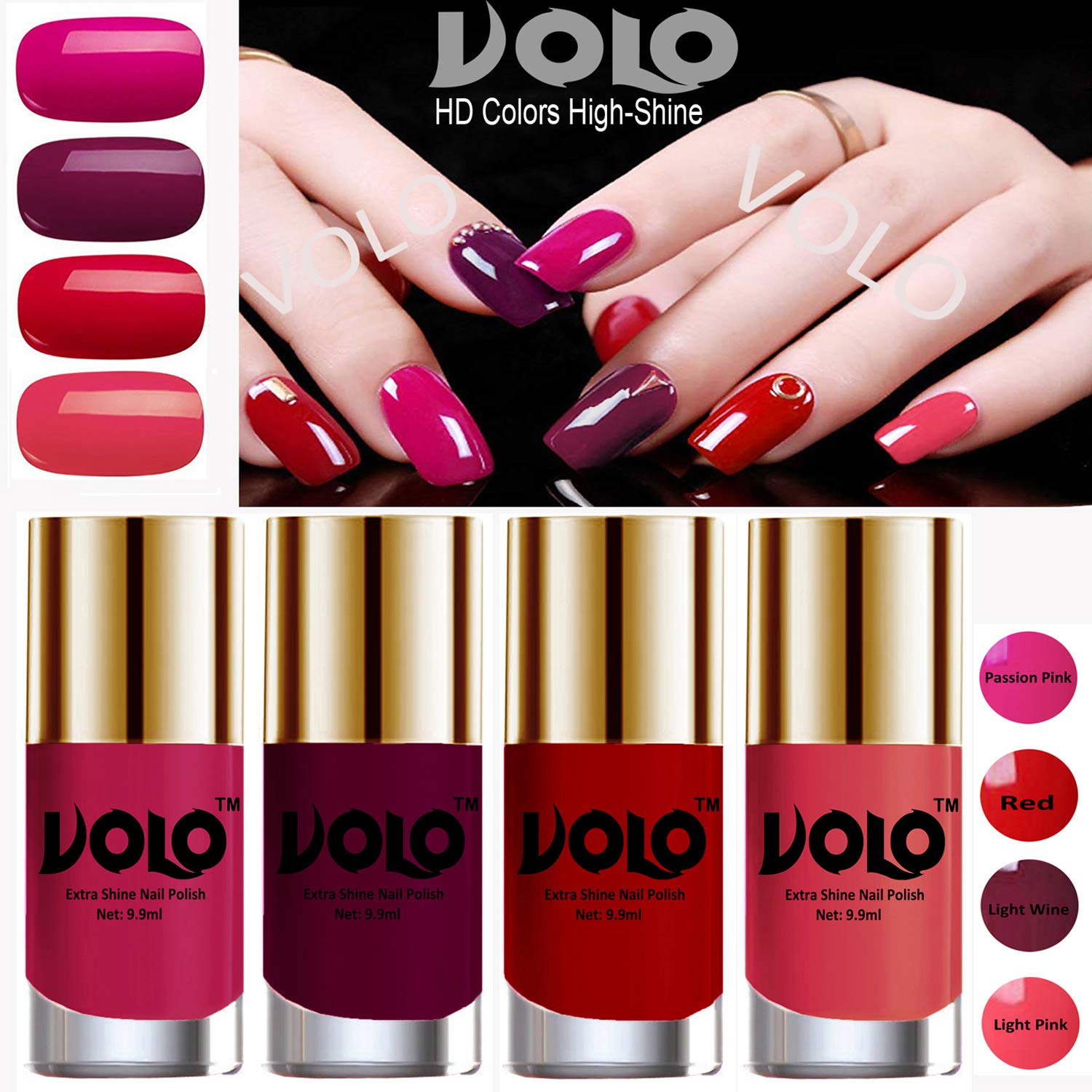 Volo HD Colors High-Shine Long Lasting Non Toxic Professional Nail Polish Set of 4 (Passion Pink, Red, Light Wine and Light Pink)