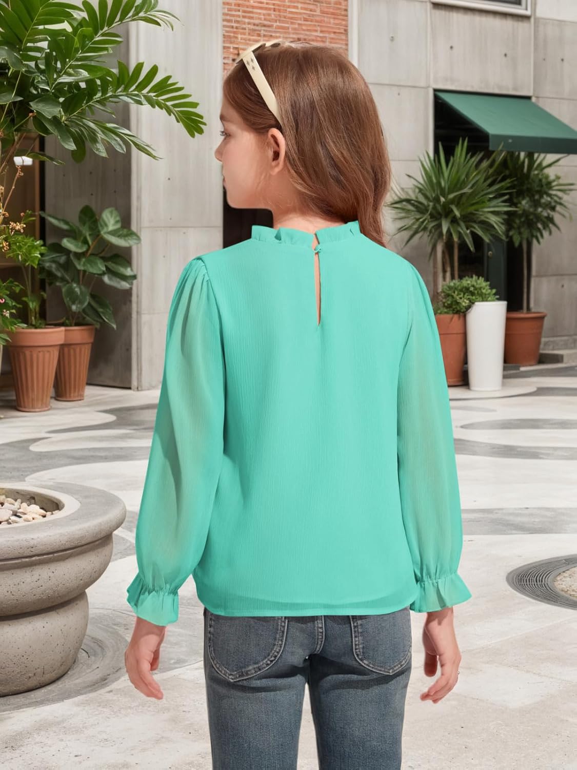 Haloumoning Girls Long Sleeve Shirts Chiffon Blouses Kids Cute Puff Sleeve Ruffle Mock Neck Casual Tops 5-14 Years - Image 5