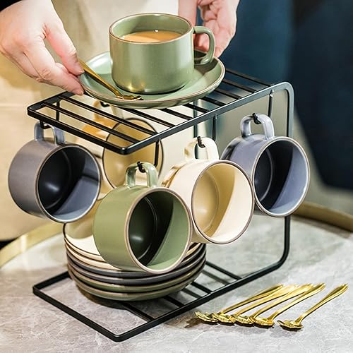 Miniatura 2 de Juego de tazas de café de 19 piezas, tazas de café de cerámica y platillo y soporte de metal de porcelana expreso de lujo, capuchino, latte, café,