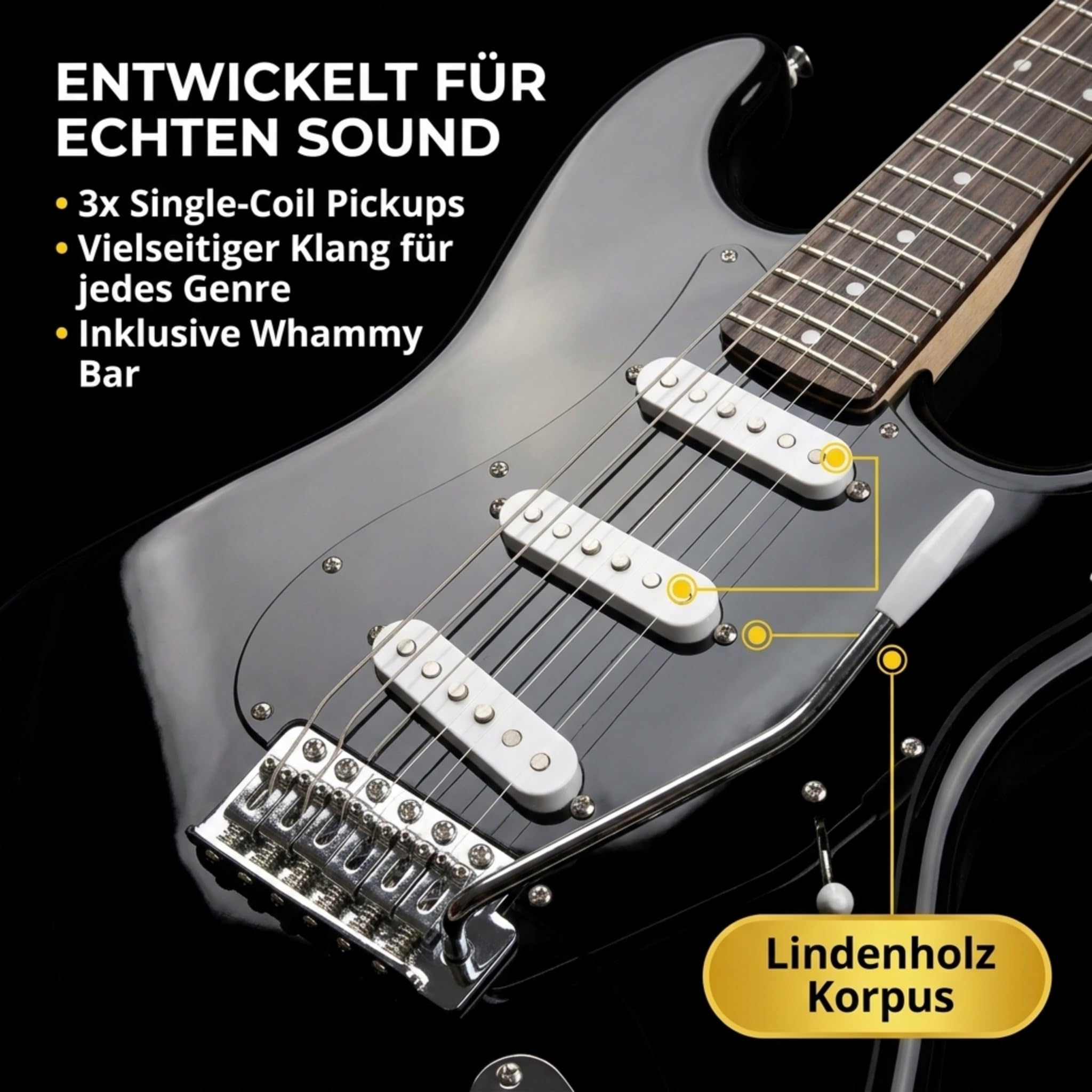 RockJam E-Gitarren-Set volle Größe für Anfänger, Schwarz, 6 Saiten mit 10-W-Verstärker, Tasche, Gurt, Kabel, Plektren und Tremolo
