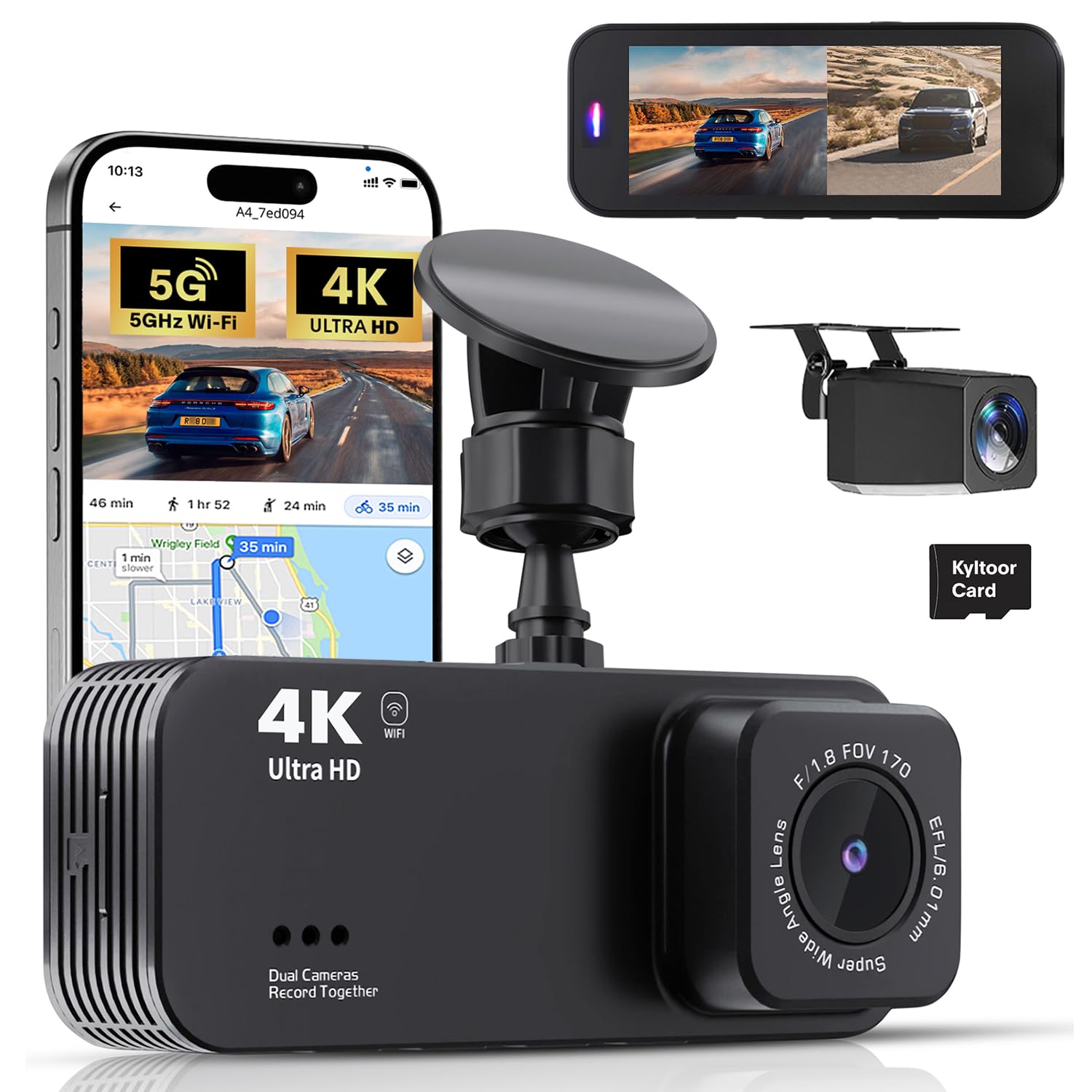 Dash Cam Front and Rear 4K 1080P Dual Dash Camera for Cars with 5G WiFi Built-in High-Capacity Storage