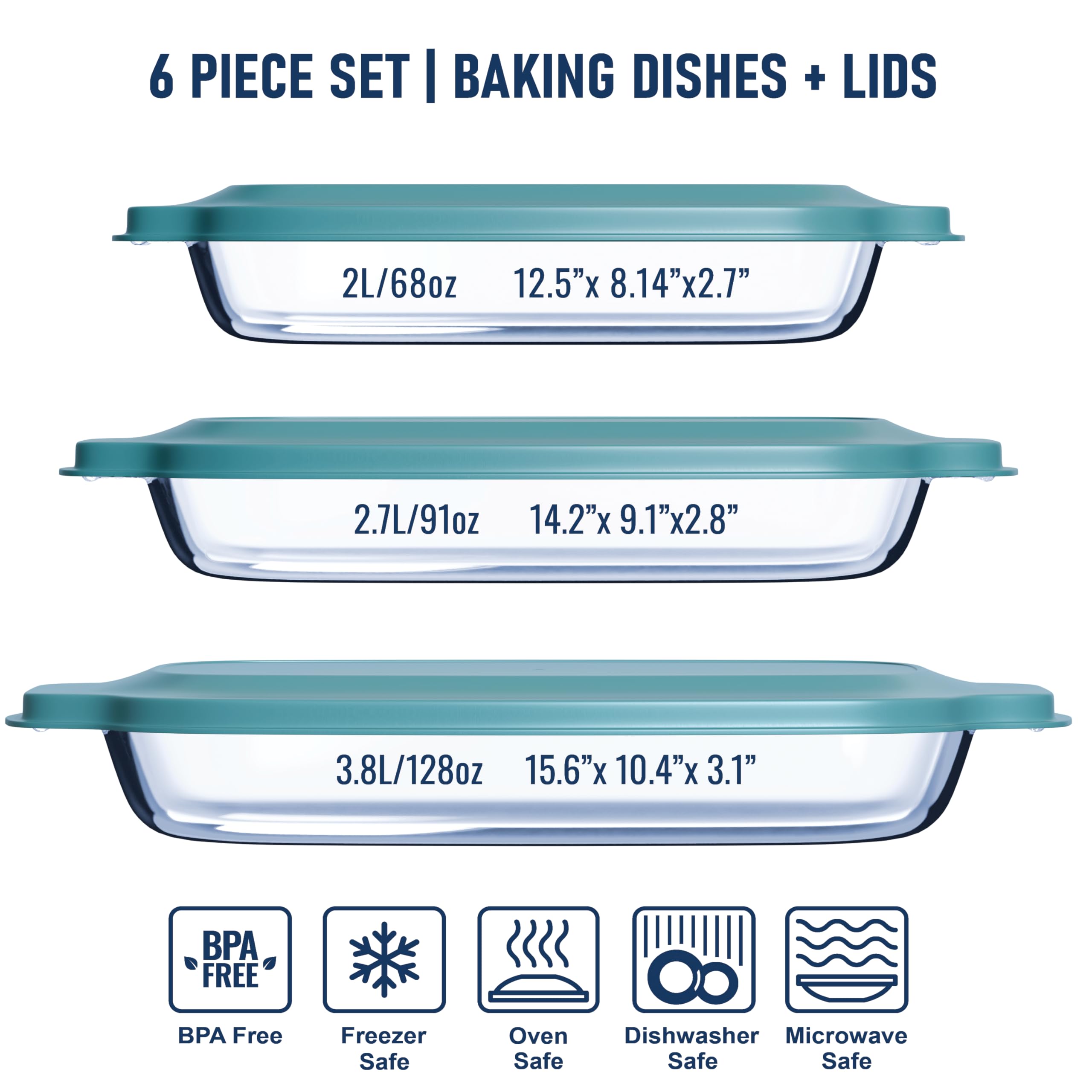 6-teiliges Glas-Backformen-Set mit Deckel, Glas-Backgeschirr mit Deckel, tiefe Auflaufformen für Lasagne, ungiftig, BPA-freie Deckel