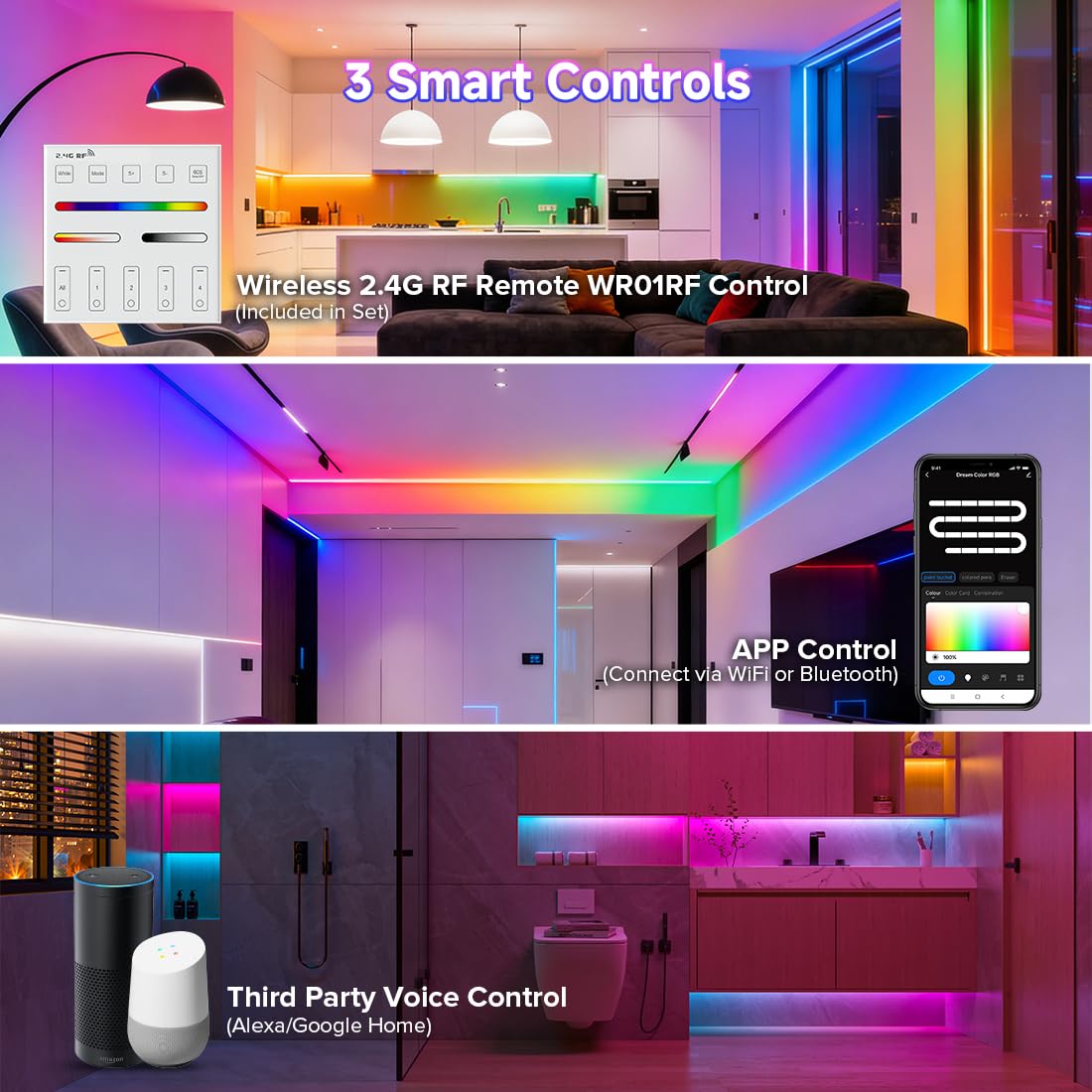 BTF-LIGHTING 2,4-GHz WLAN SPI RGB LED-Controller DR03W und Wandmontiertes Smart Panel-Fernbedienung WR01RF Kit für WS2811 WS2812B WS2813 WS2815 LED-Streifen - 4-Zonen-Steuerung mit Alexa, Google Home