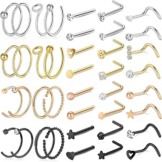 35-70 PCS 18G 20G Nose Rings for Women & Men - Gold Hoops, L Shape, Studs & Screw - 316L Surgical Stainless Steel