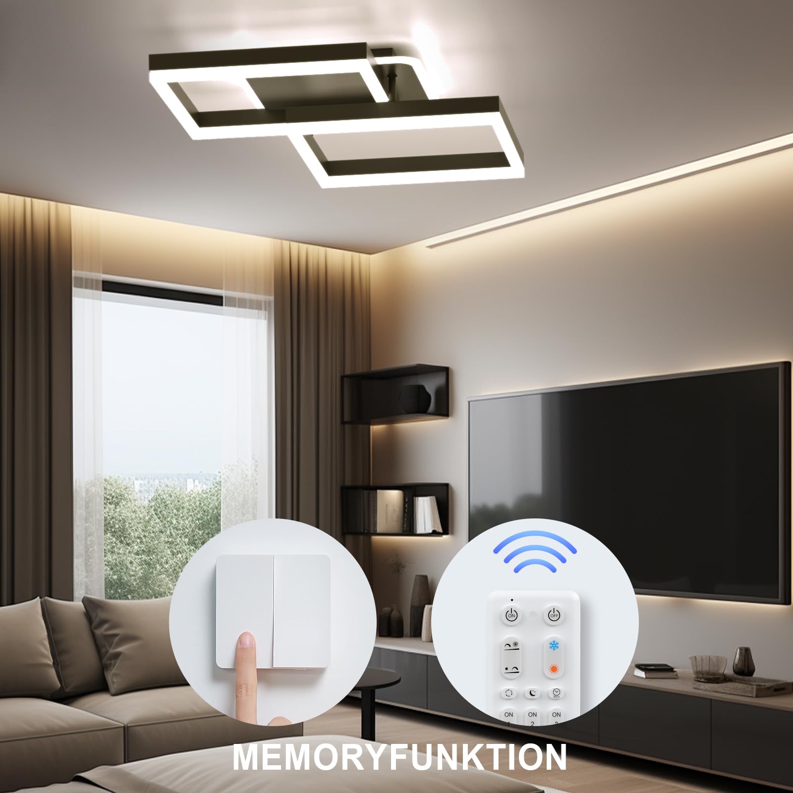 ANTENLICHT plafoniera led soffitto moderna plafoniera salotto Dimmerabile, 40W 3600LM Lampada da Soffitto, Funzione di Memoria, per Soggiorno, Camera da Letto, Sala da Pranzo, Nero 65x42x12cm