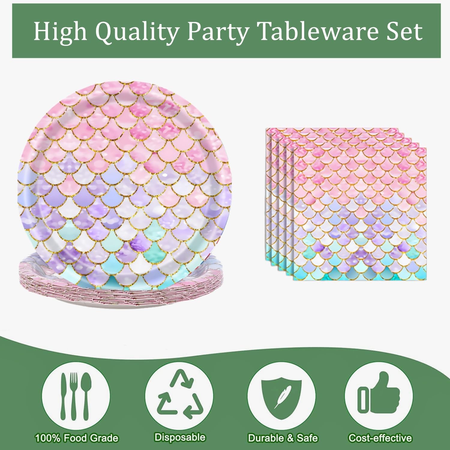 40 Pcs Mermaid Plates and Napkins Birthday Party Decorations for 20 Guests image 5