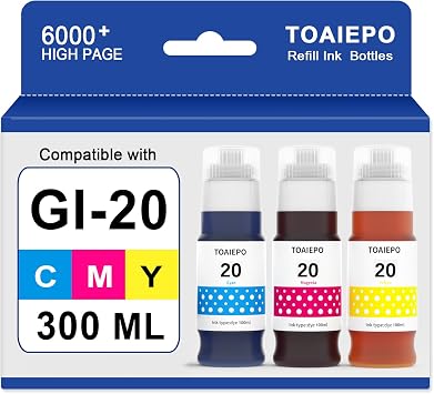 GI-20 Ink Refill Bottle Kit Replacement for Canon GI20 Ink Bottle Compatible with Canon Megatank G6020 G5020 G7020 Printer, 3 Pack of Cyan Magenta Yellow DYE Ink