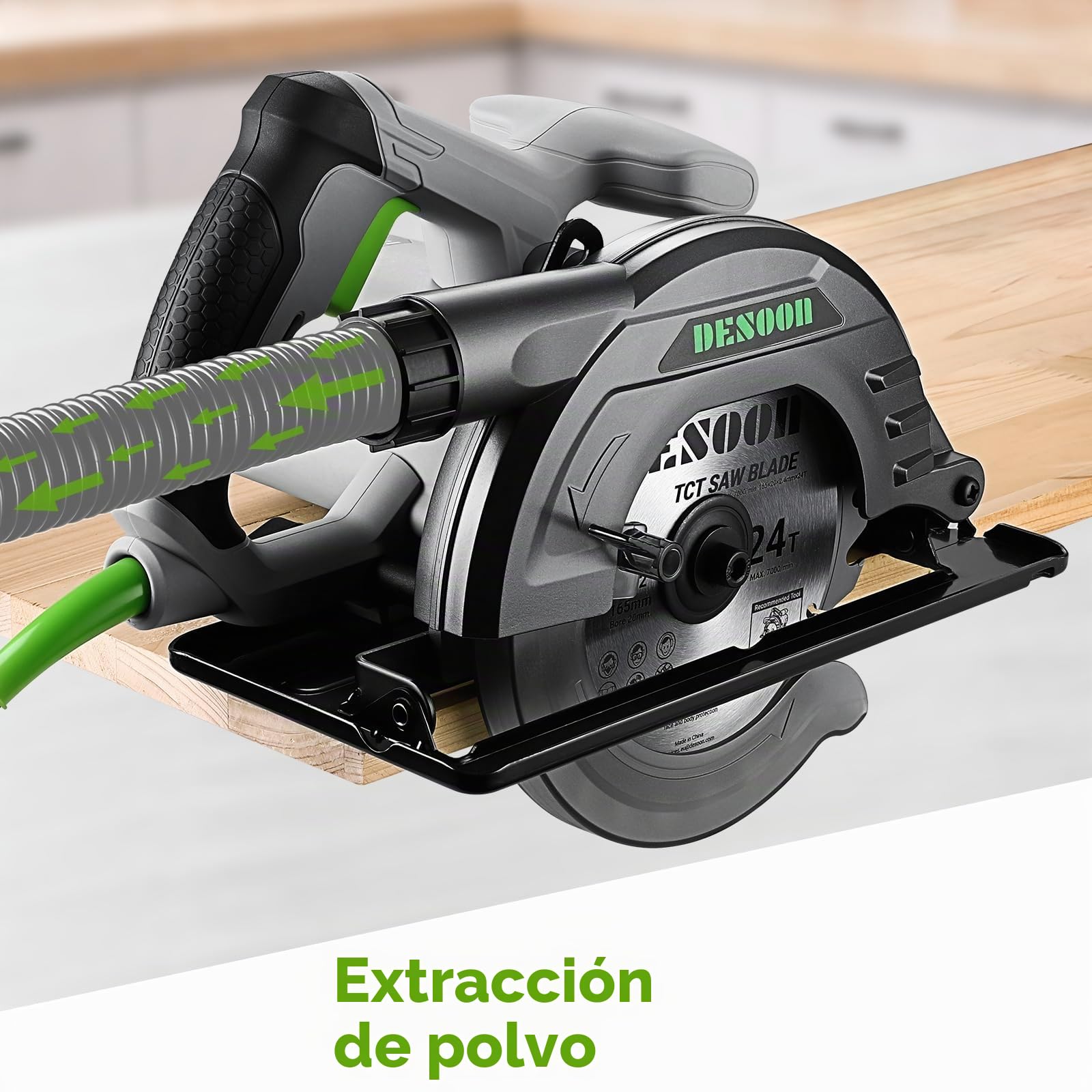DESOON Sierra Circular de 1200 W, 4800 RPM, Incluye una Regla Guía y 2 Hojas de Sierra (165 mm, 24T y 40T), Profundidad de Corte de 55 mm (90°) y 33 mm (45°), para Corte de Madera