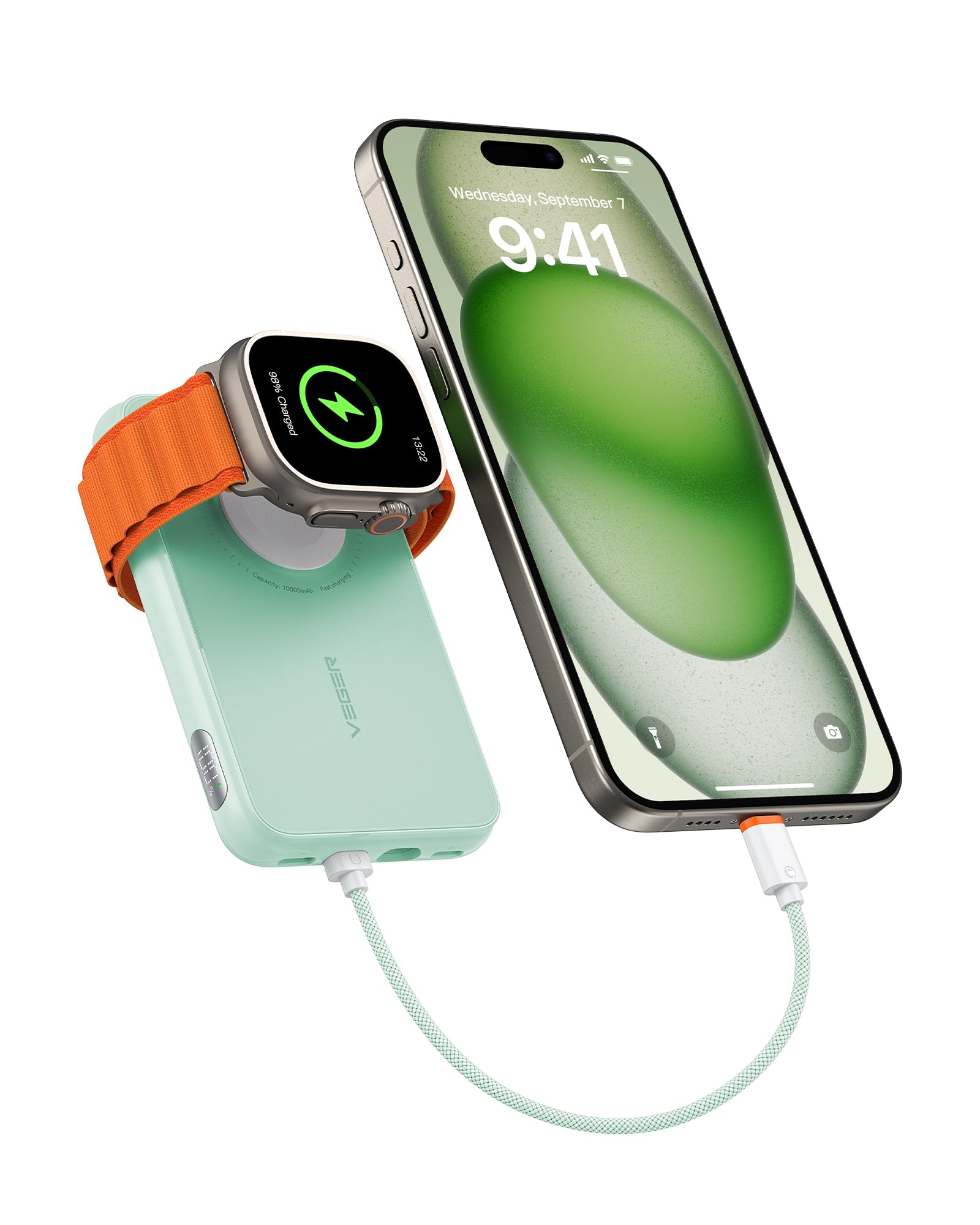 VEGER Power Bank 10000mAh con Cavi Integrati compatibile con iPhone Apple Watch, 20W PD Ricarica Rapida Mini Powerbank USB C Batteria Esterna 4 Ingressi e 3 Uscite con LED Display