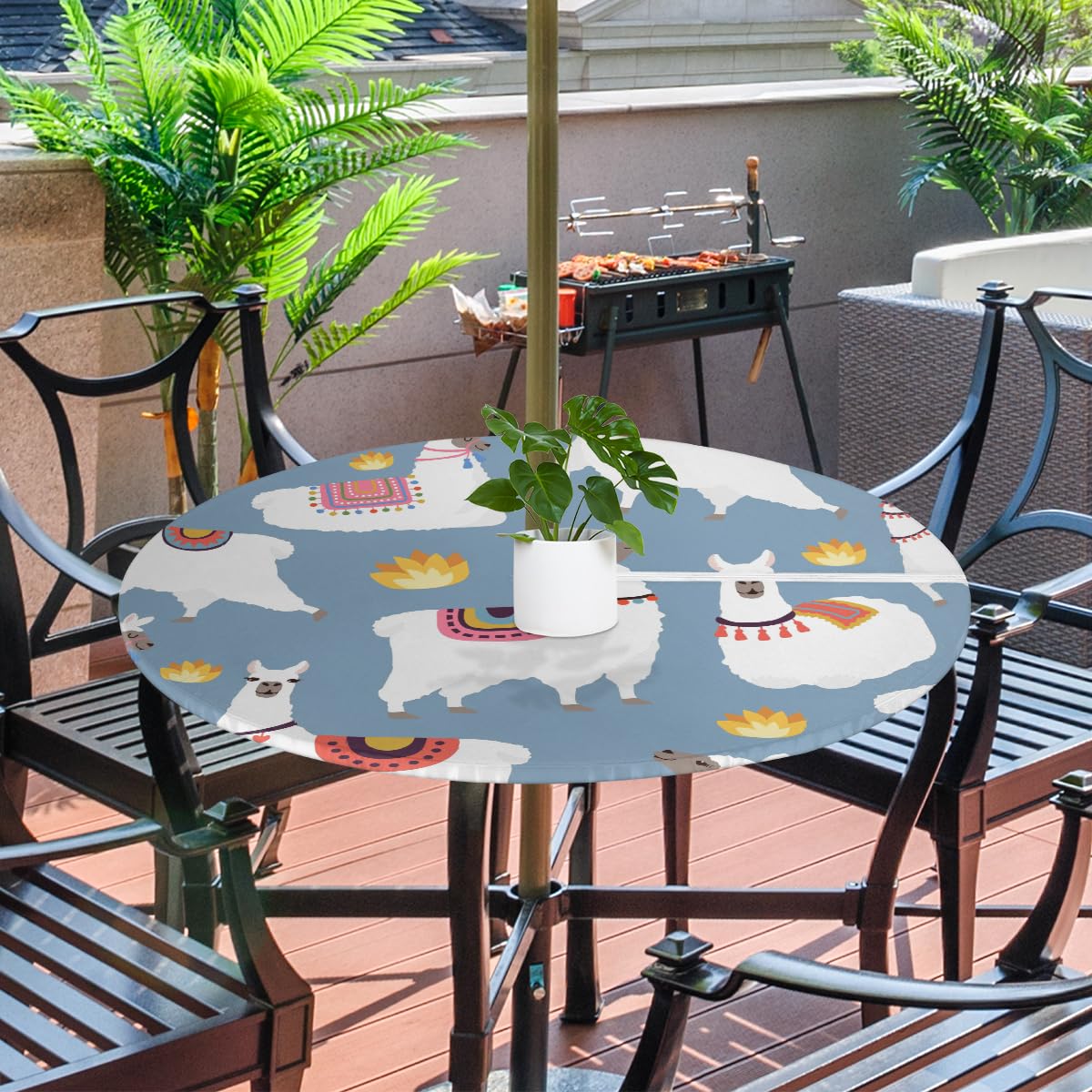 XMNYGJ Cute Llamas Round Fitted Tablecloth with Umbrella Hole Zipper Outdoor Oil Waterproof Stain Resisteant Round Elastic Table Cover for Party, Picnic and Patio 36-44 Inch