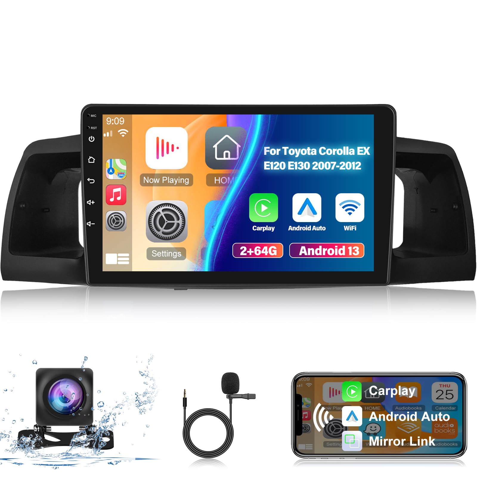 2G+64G for Toyota Corolla EX 2007-2012 Android 13 Stereo - Wireless Apple CarPlay and Android Auto - 9 inch Touch Screen Corolla Radio - EQ GPS WiFi Mirror Link SWC + AHD Backup Camera