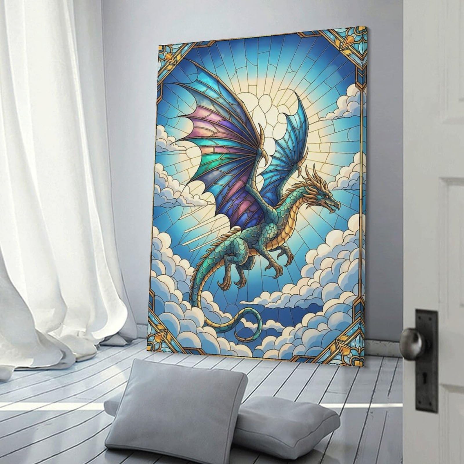 Junmoney Stained Glass Dragon in The Sky Wall Picture Print 08x12inch(20x30cm), for Lounge Decor, Offices Or Entryway Styling, Versatile Wall Decor for Many Rooms