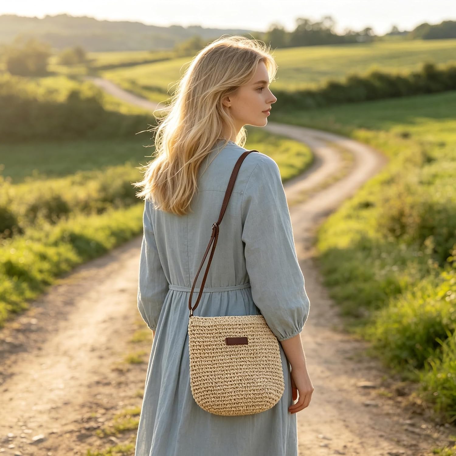 Straw Crossbody Bag for Women Beach Shoulder Handbag Woven Straw Purse Casual Beachy Tote 10×9 Inch with Adjustable Strap for Summer Vacation Travel Essential Daily Bag