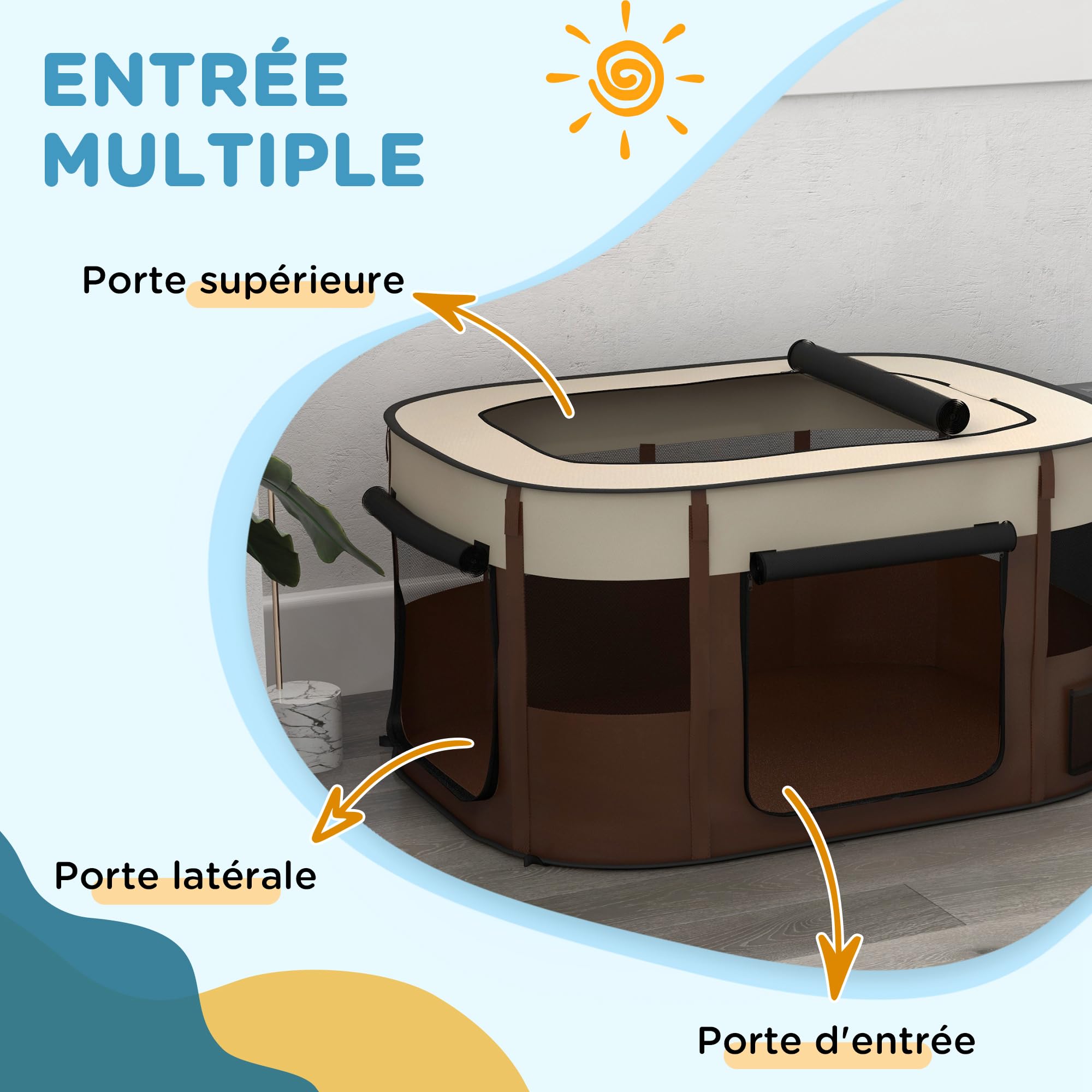 PawHut Parc pour Chien en Tissu Oxford, Enclos Extérieur Pliable pour Chiots, 114 x 89 x 59 cm, Blanc crème et Marron