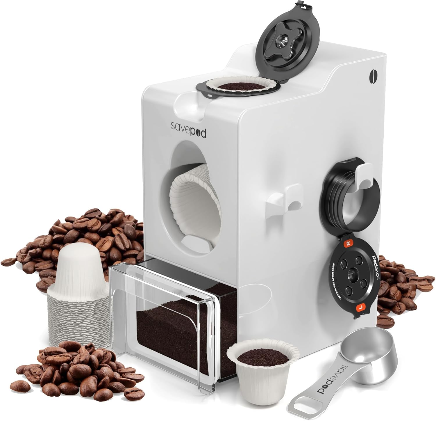 SavePod咖啡吊具，配有可重复使用的咖啡包，与Keurig和K-Cup咖啡机兼容，智能，使用方便，方便（白色）