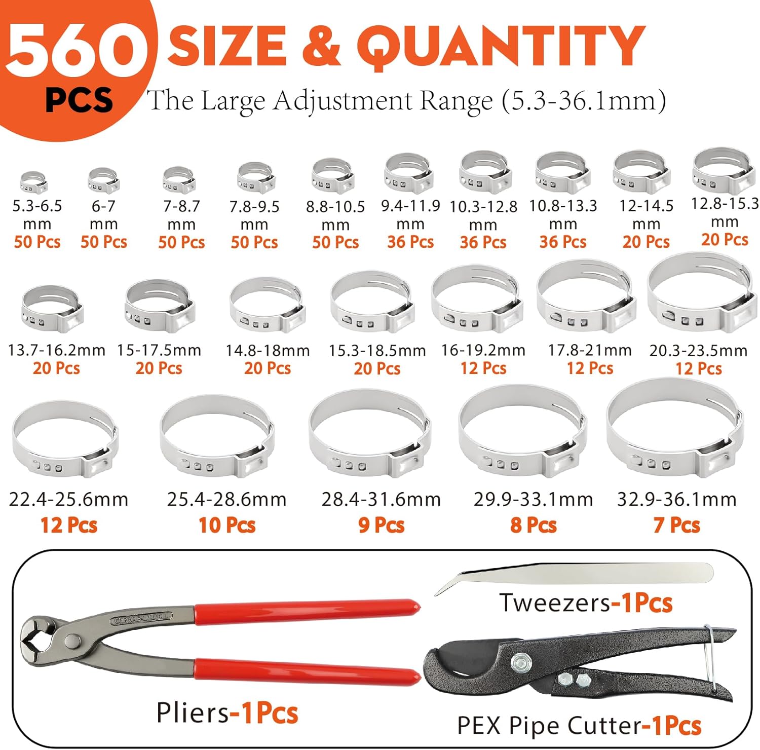 560Pcs 22 Sizes Single Ear Hose Clamps Set,5.3-33.1mm 304 Stainless Steel Crimp Hose Clamps with Hose Clamp Pliers Set,for Secure Plumbing,Automotive,Fuel Line,Industrial Applications with pincer