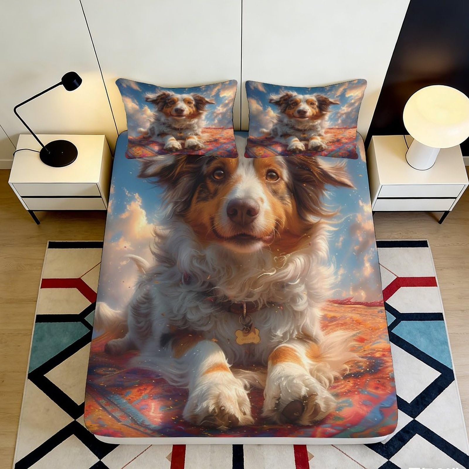 3D Printed Cute Dog Fitted Sheet Microfiber Soft Durable Colorful Puppy Bed Cover for Bedroom Dormitory Guest Room Mattress Protection 120x200x25cm