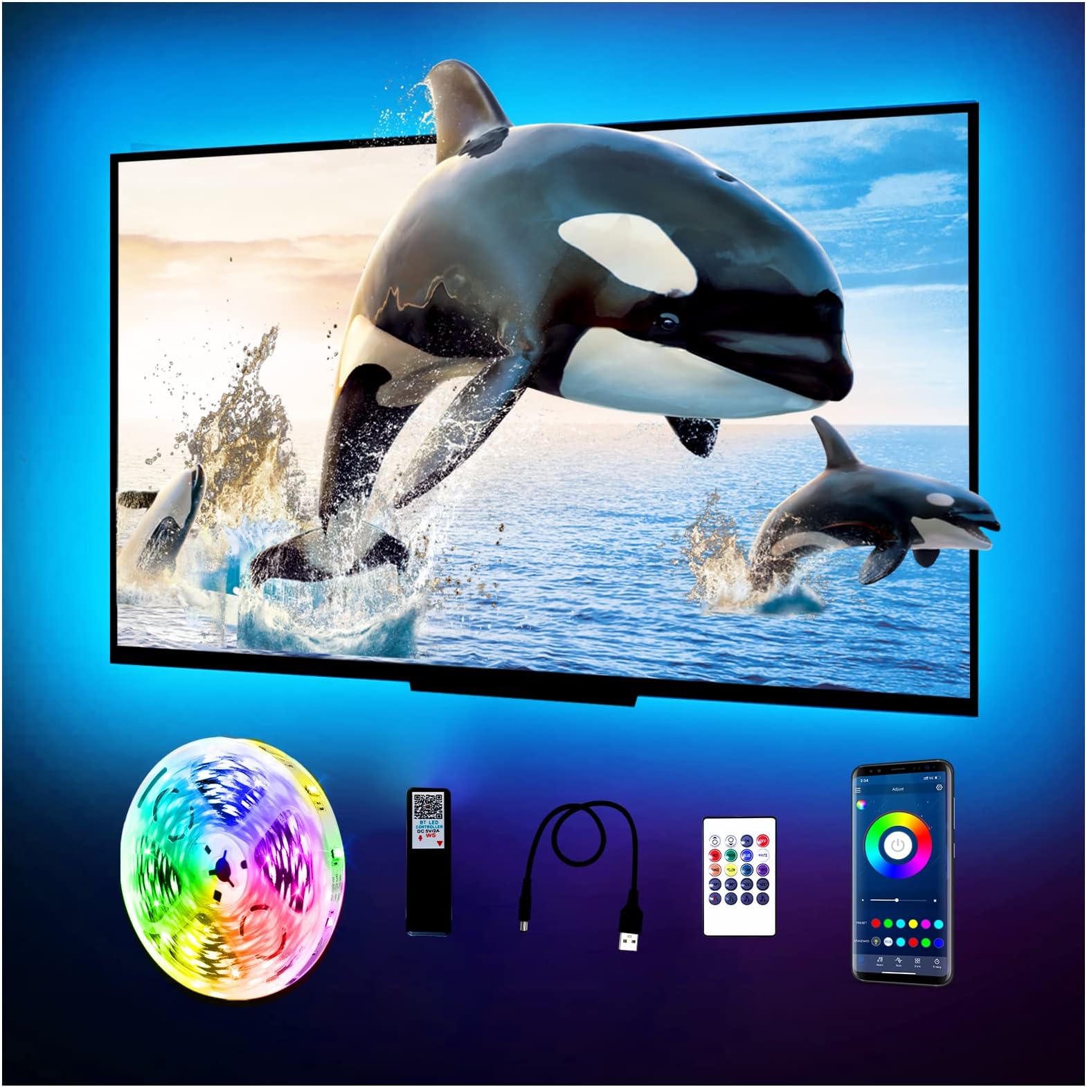 phopollo LED Lights for TV, 12.5Ft TV LED Backlight, LED Strip Lights for TV 55-65 inch, Bluetooth Color Changing LED TV Lights, App Control, USB Powered