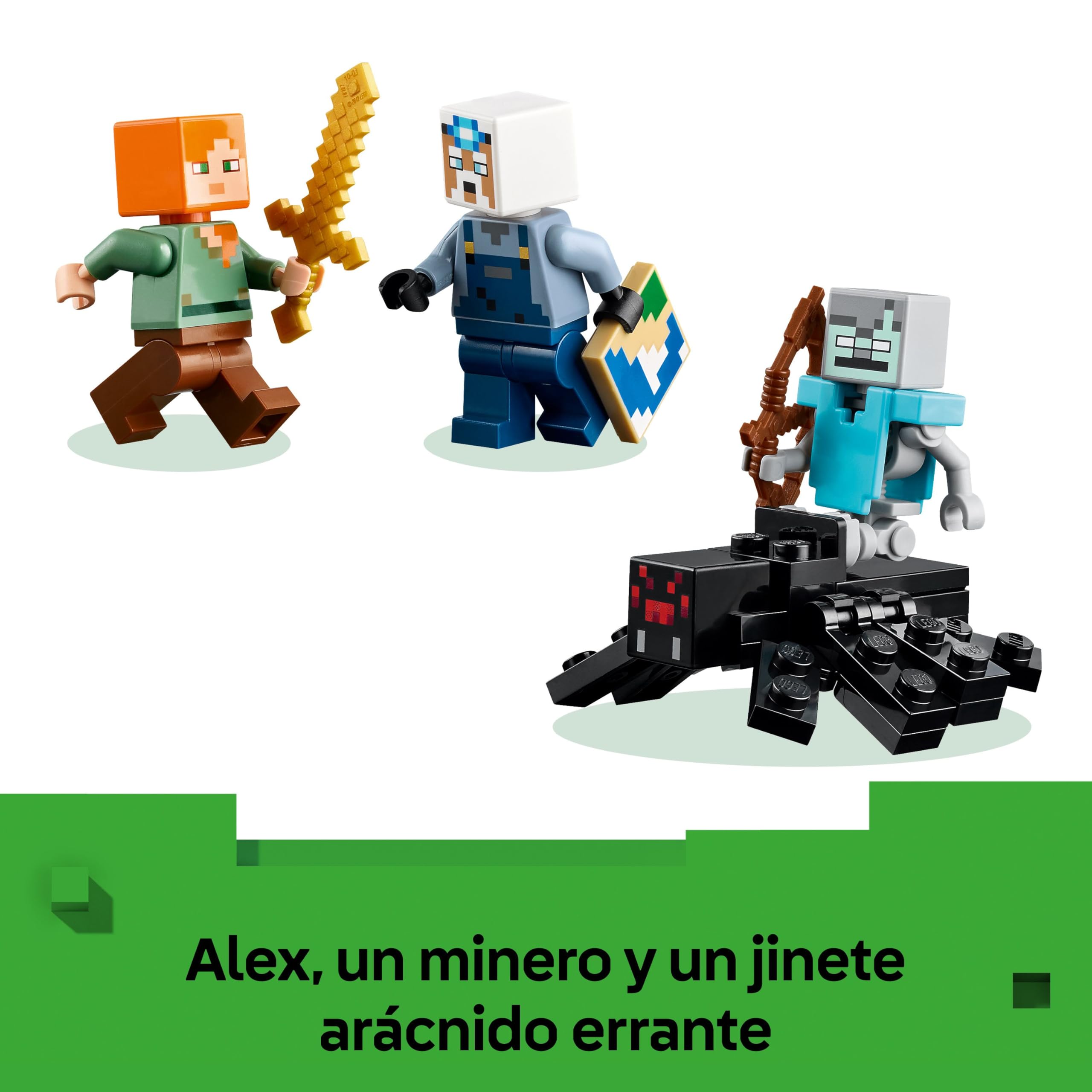 LEGO Minecraft La Mina del Pico - Juguete Interactivo - Figuras de Alex, Minero y Jinete Arácnido Errante - Regalo Gamer Coleccionable para Niños y Niñas de 8+ Años 21277