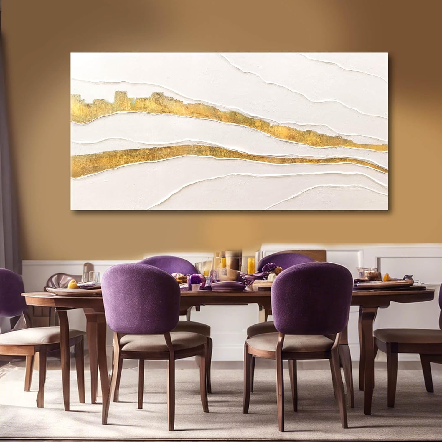 VAYIMDH Canvas Abstract Art White Large Wall Decorations for Living Room Gold Foil Abstract Wall Hanging Oil Painting for Office 29"x 58" Home Decor - Image 6