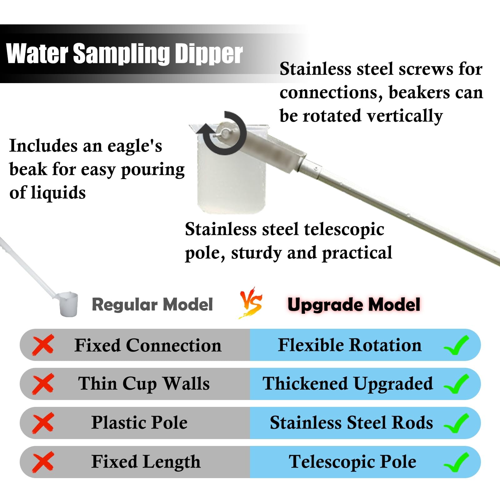 Campionatore d'acqua in acciaio inossidabile su palo, campionamento leggero dell'acqua di estensione per impianto di produzione/laboratorio/piscine, con tazza graduata