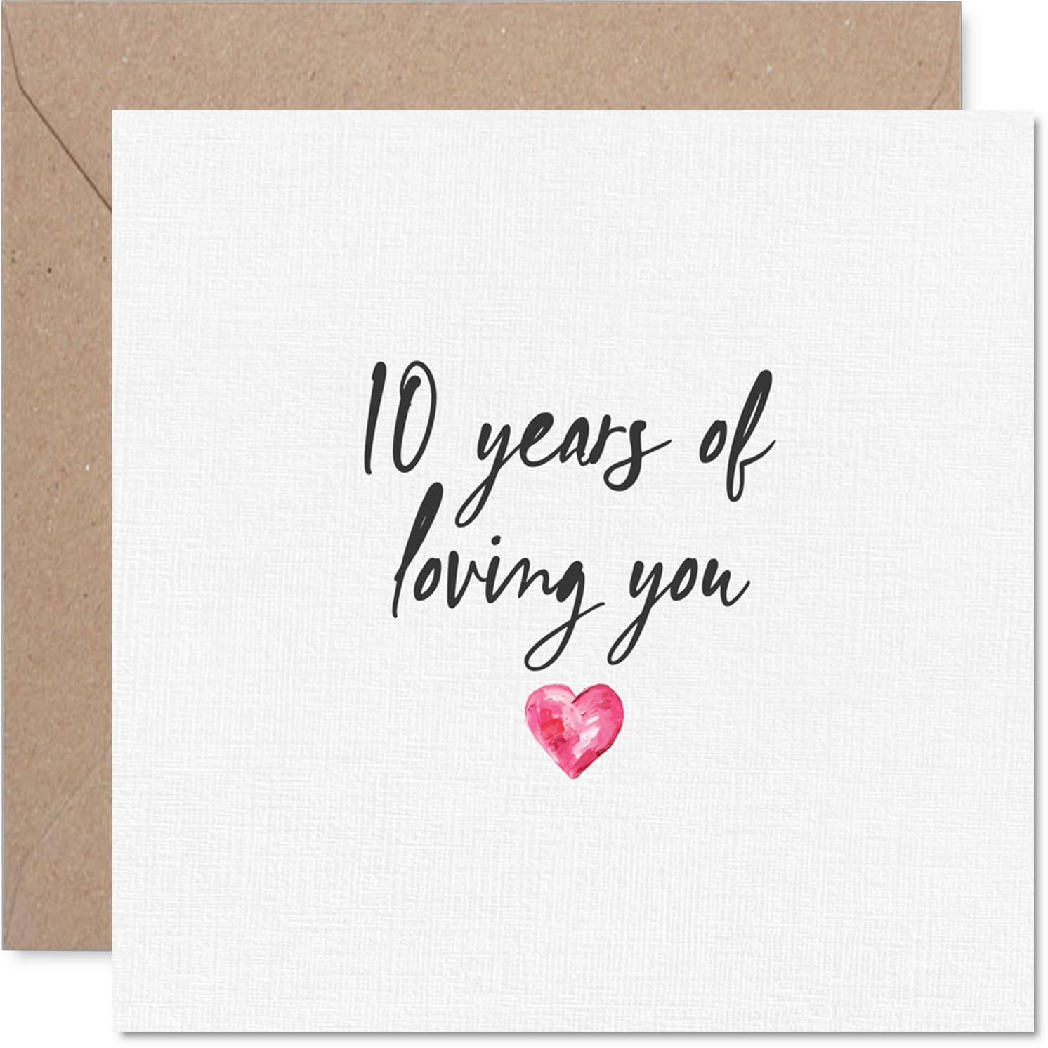 Heartfelt 10th Anniversary Card - A Decade of Smiles - Pink Heart Design with '10 Years of Loving You' - Celebrate a Love That Lasts - 145mm Square, Envelope Included