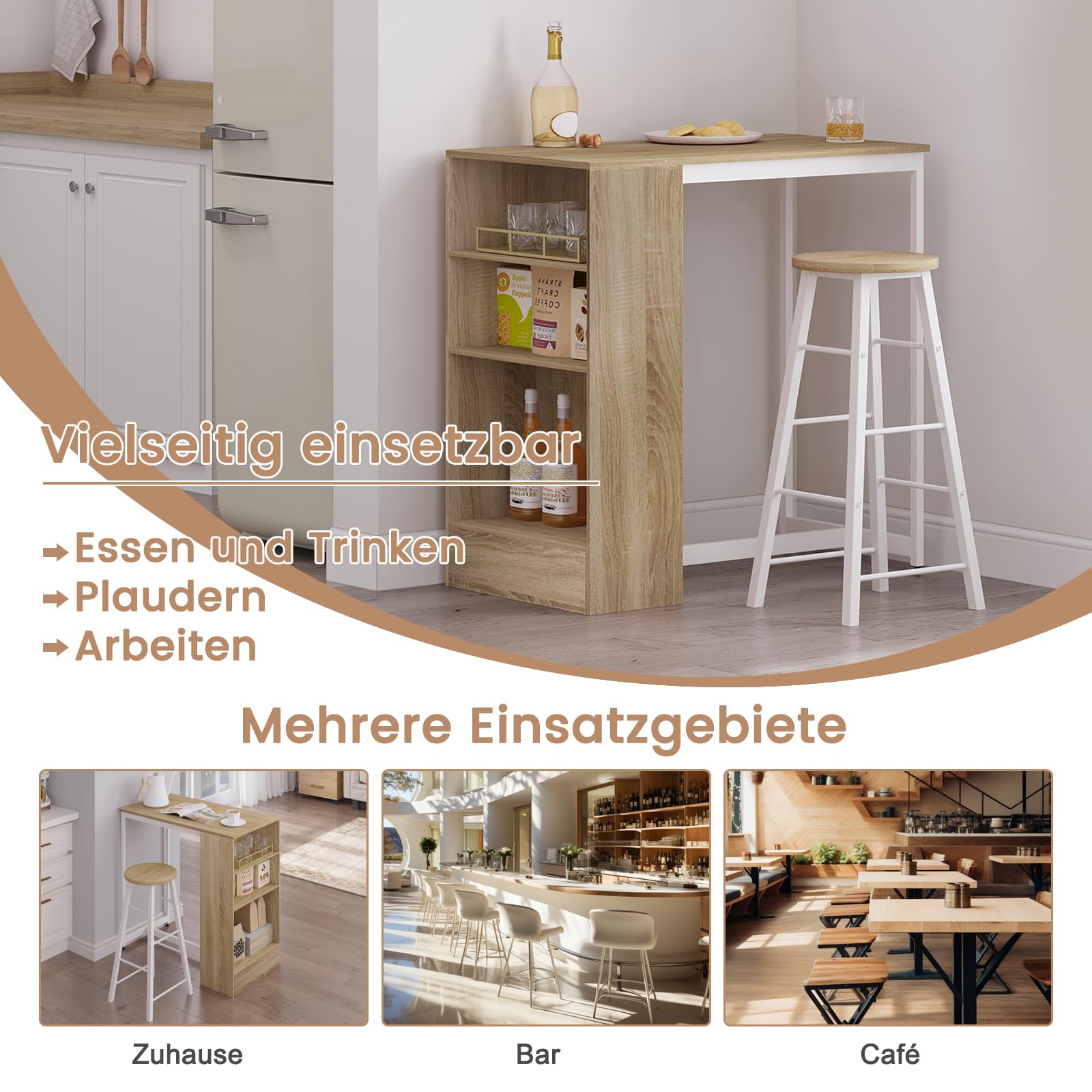 WOLTU Bartisch 90 x 50 x 90 cm, Stehtisch mit 3 Ablagen, Bistrotisch Bartheke aus Metall & Holz, Küchentheke Tresentisch für Bar Küchen Wohnzimmer, Helle Eiche+Weiß