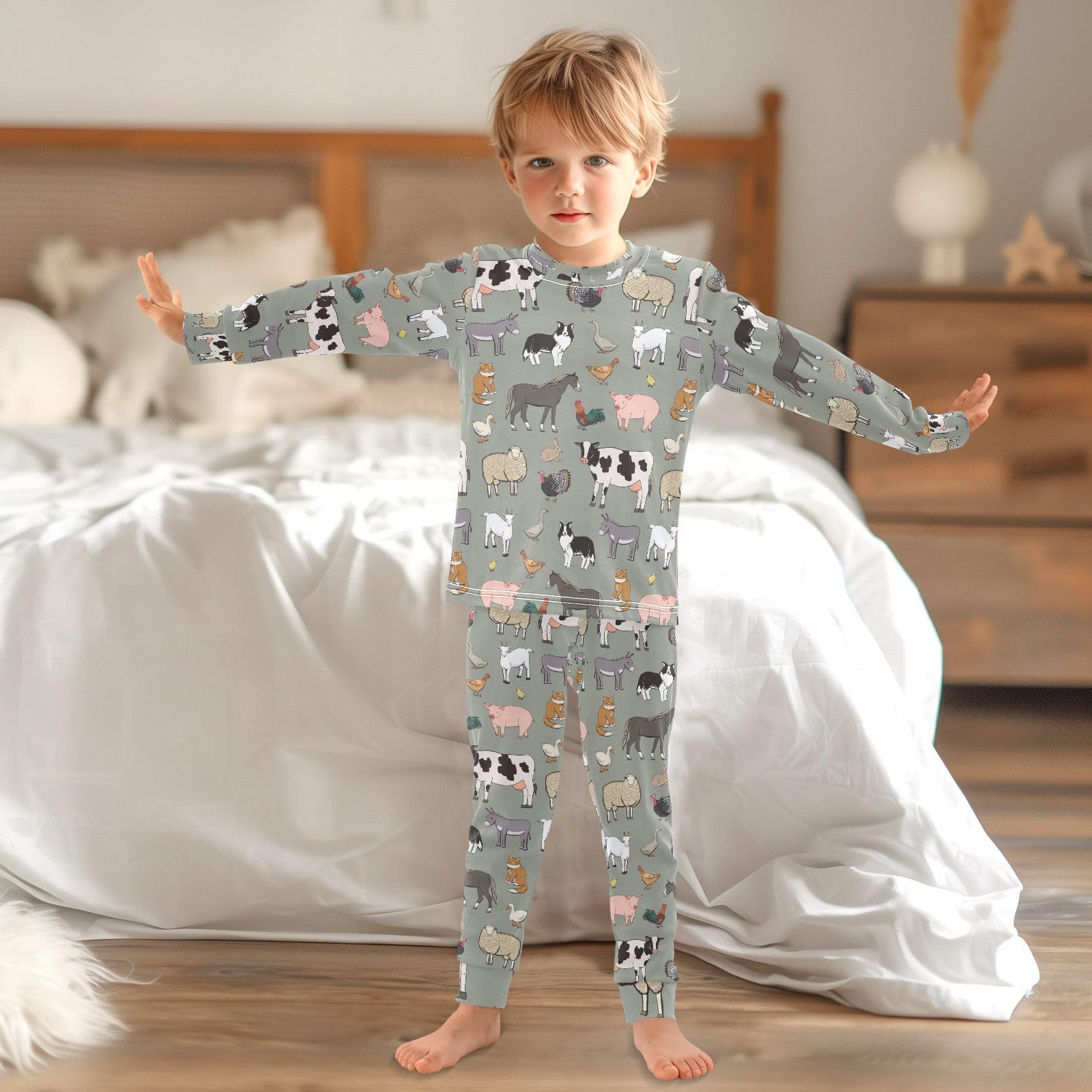 Mnsruu Pigiama per bambini con animali della fattoria con top e pantaloni a maniche lunghe, comodo pigiama in cotone per ragazzi e ragazze, pigiama unisex, 18 M