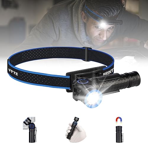 Miniatura 10 de Brinyte Linterna frontal recargable HL16, luz de trabajo LED ajustable de 0-90° con base magnética, linterna de cabeza manos libres para reparación