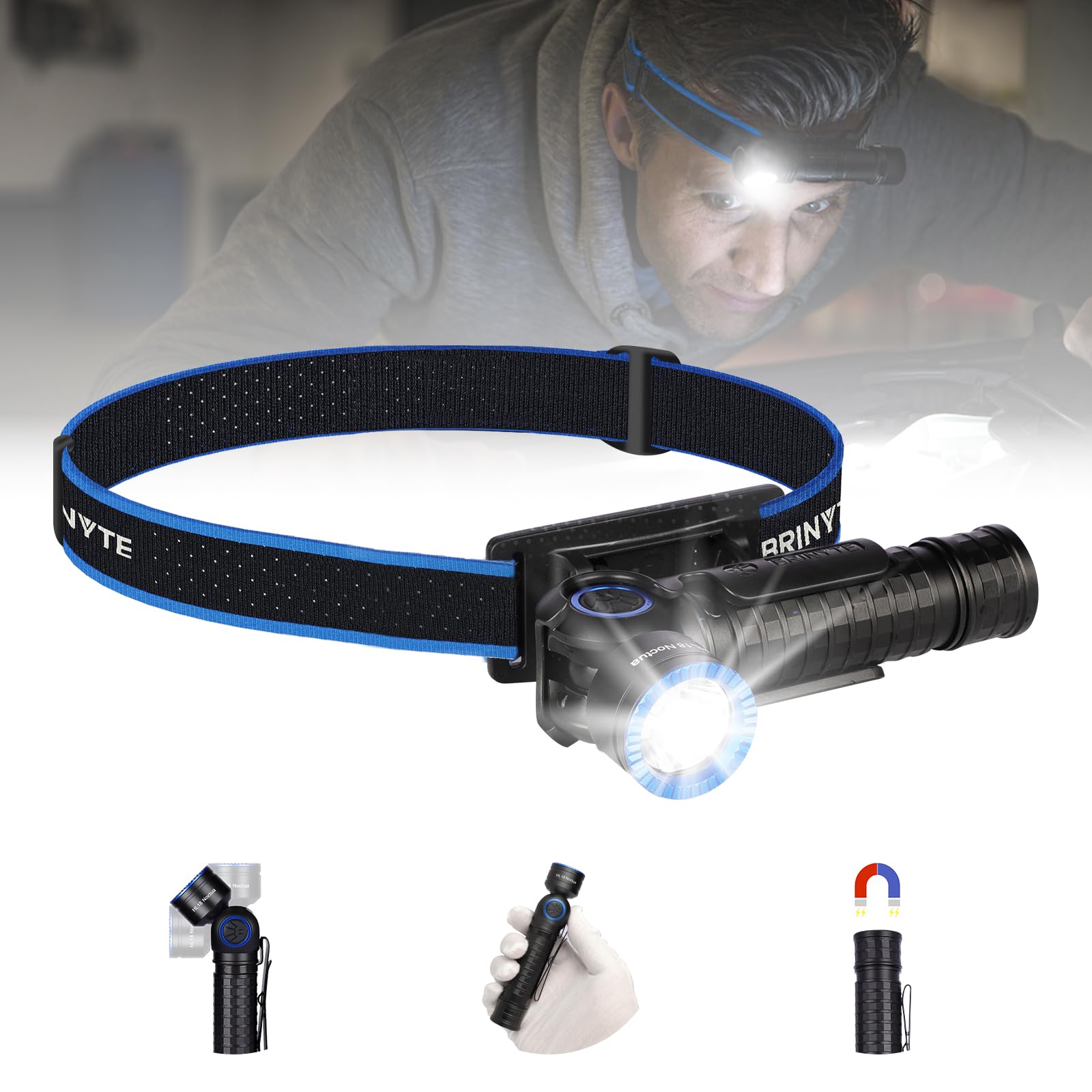 Brinyte HL18 Rechargeable Right Angle Headlamp Detachable L-Shape Flashlight with Magnetic Base 90 Degree Swivel 1600 Lumens Bright Waterproof