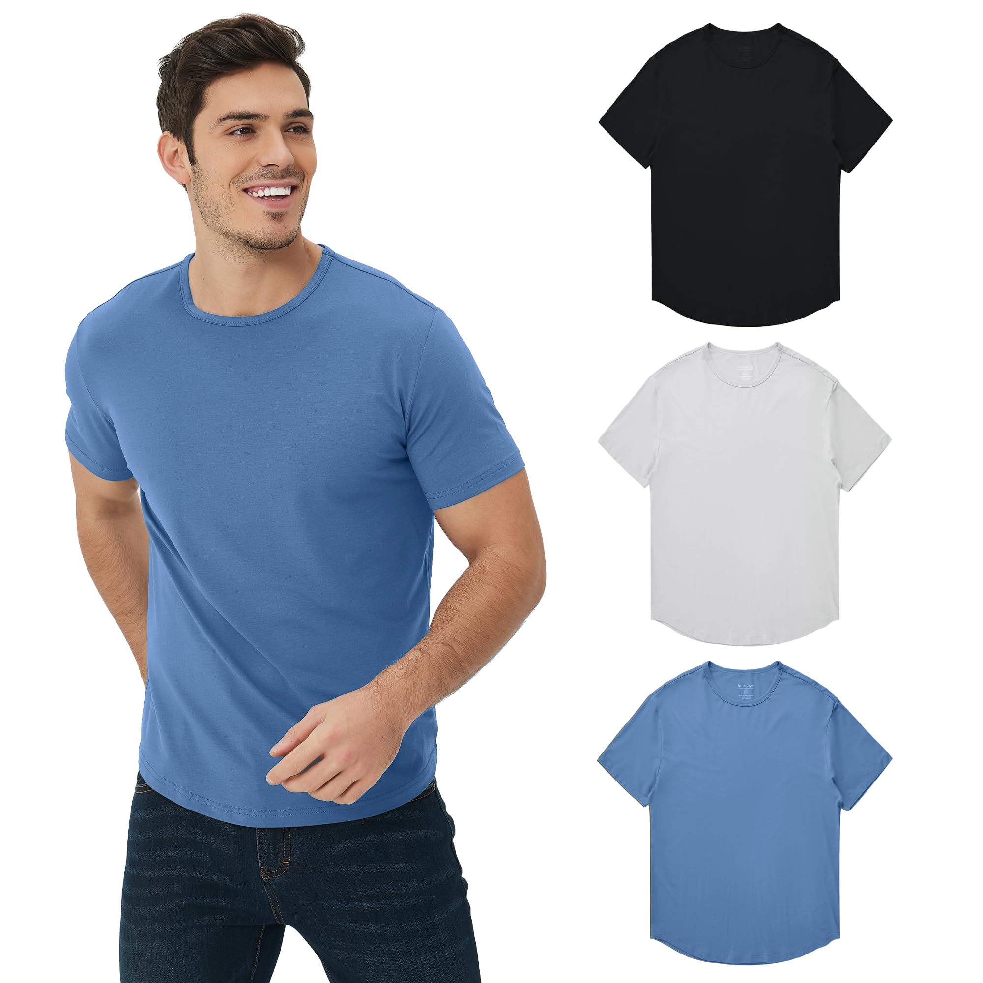 netdraw Men's Ultra Soft Bamboo Viscose T-Shirt Curve Hem Lightweight Cooling Short/Long Sleeve Casual Basic Tee Shirt