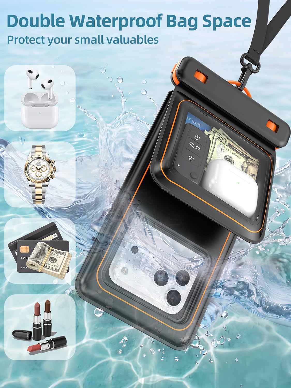 TopMade IP68 Waterproof Phone Pouch Floating with Double Space, 2 Pack