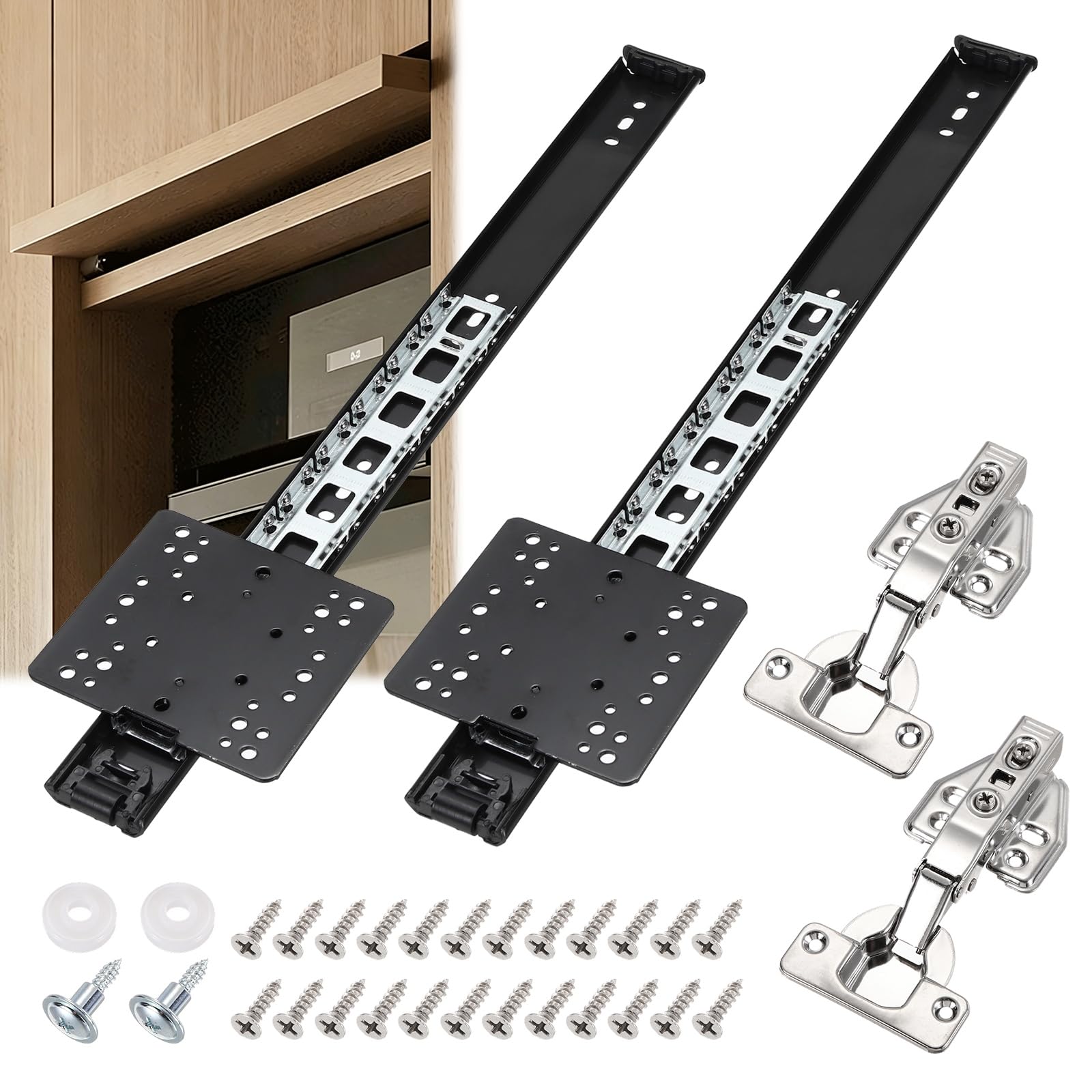 DTGN 16 Inch Pocket Door Slide Pocket Door Hardware Kit- 1 Set - for 18-20mm Think Inset Cabinet Wardrobe - Soft Close Silent Retractable System W/Hinges & Screws 14kg/30.9lb - Black