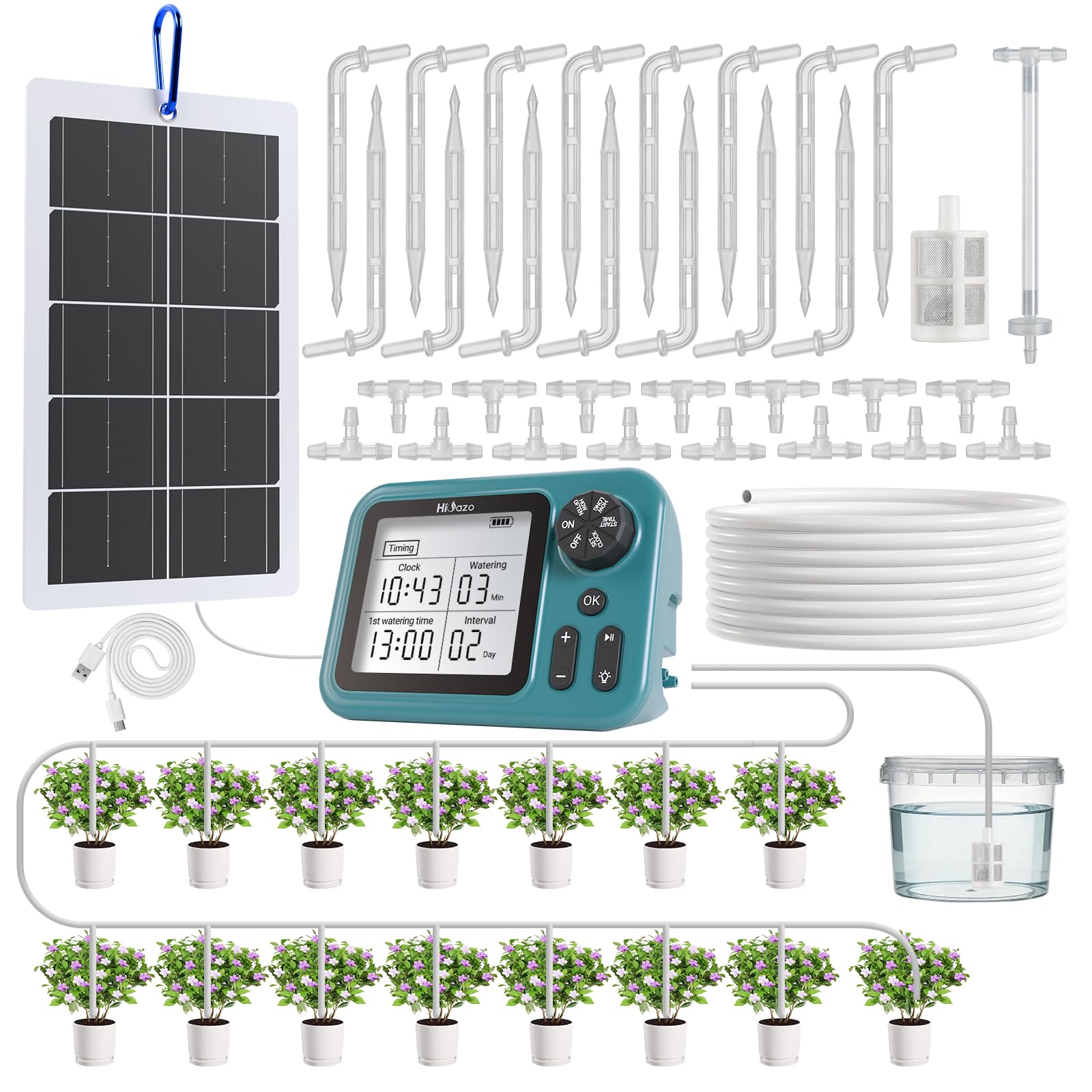 Kit di Irrigazione a Goccia Automatico con Pannello Solare 4W | Pompa 800ml/min per 15 Piante, Batteria 2000mAh, Display LCD 3.5" Programmabile, Valvola Antisifone, per balcone e giardino
