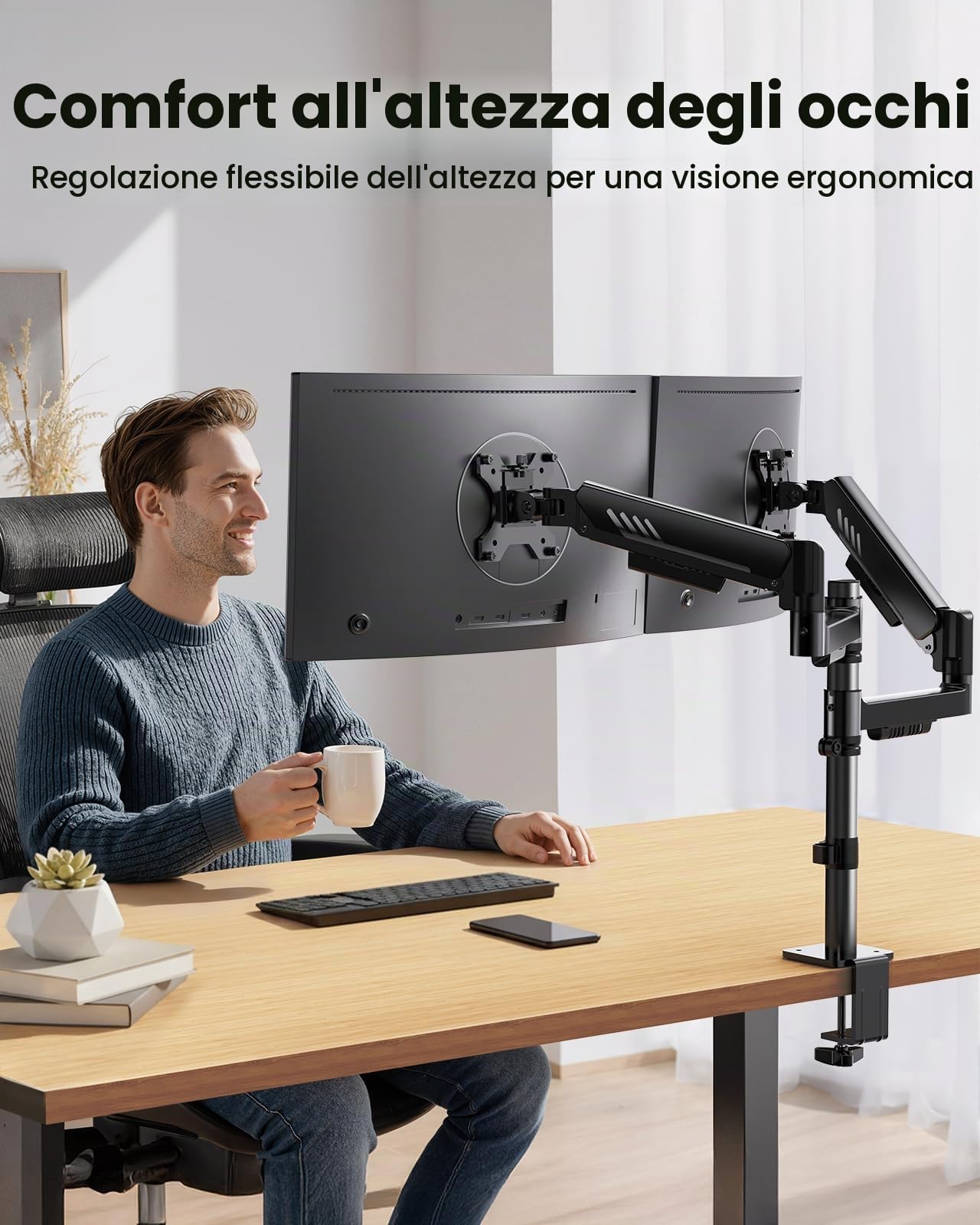 ErGear Braccio Monitor Doppio Verticale, Supporto Schermi 13-32″, fino a 9kg per Braccio, Maggiore Stabilità con Morsetto a C Integrato, Gestione dei Cavi Migliorata, VESA 75x75/100x100 mm, Nero