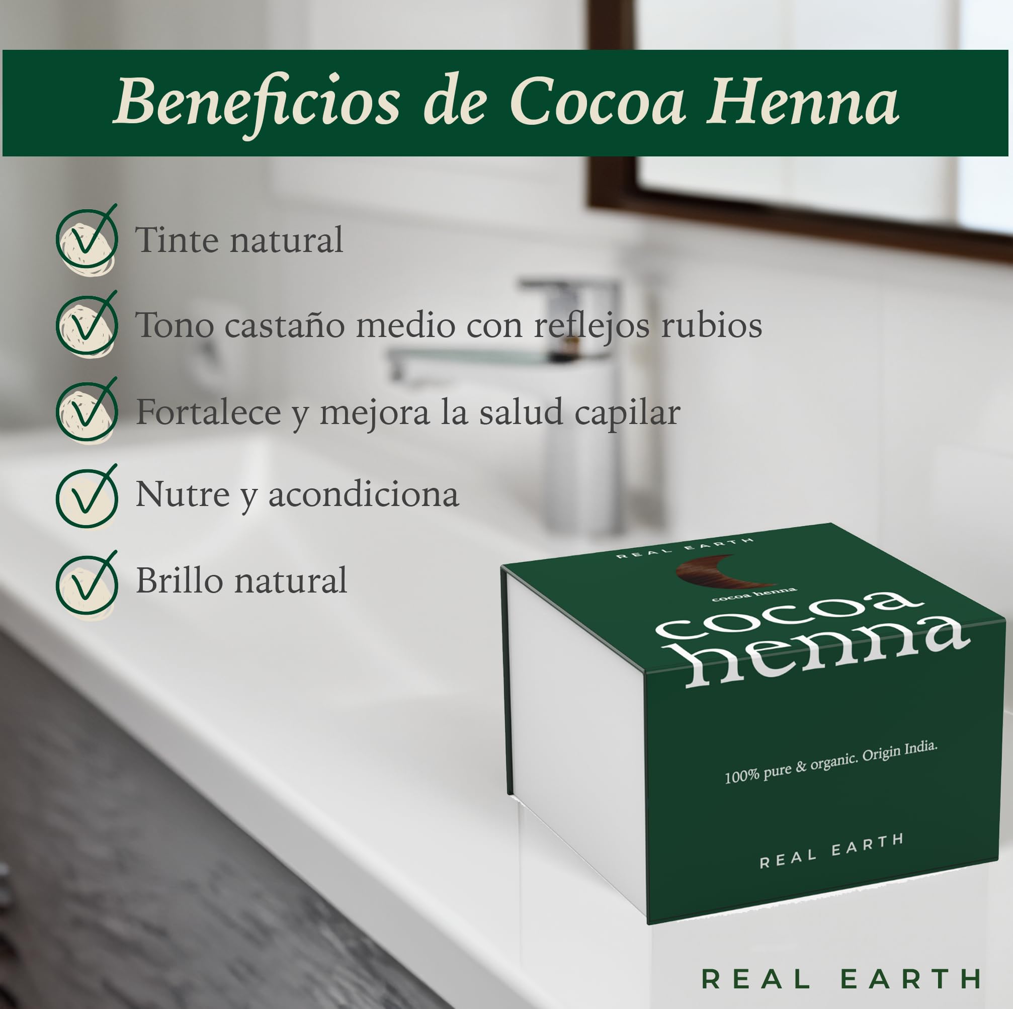 Real Earth - Cocoa Henna - Tinte de Henna - 100% orgánica y natural - Barros para teñir el pelo - Cabellos castaño medio - Coloración Natural - Cosmética ayurvédica - Vegana - Sin amoniacos - 250gr