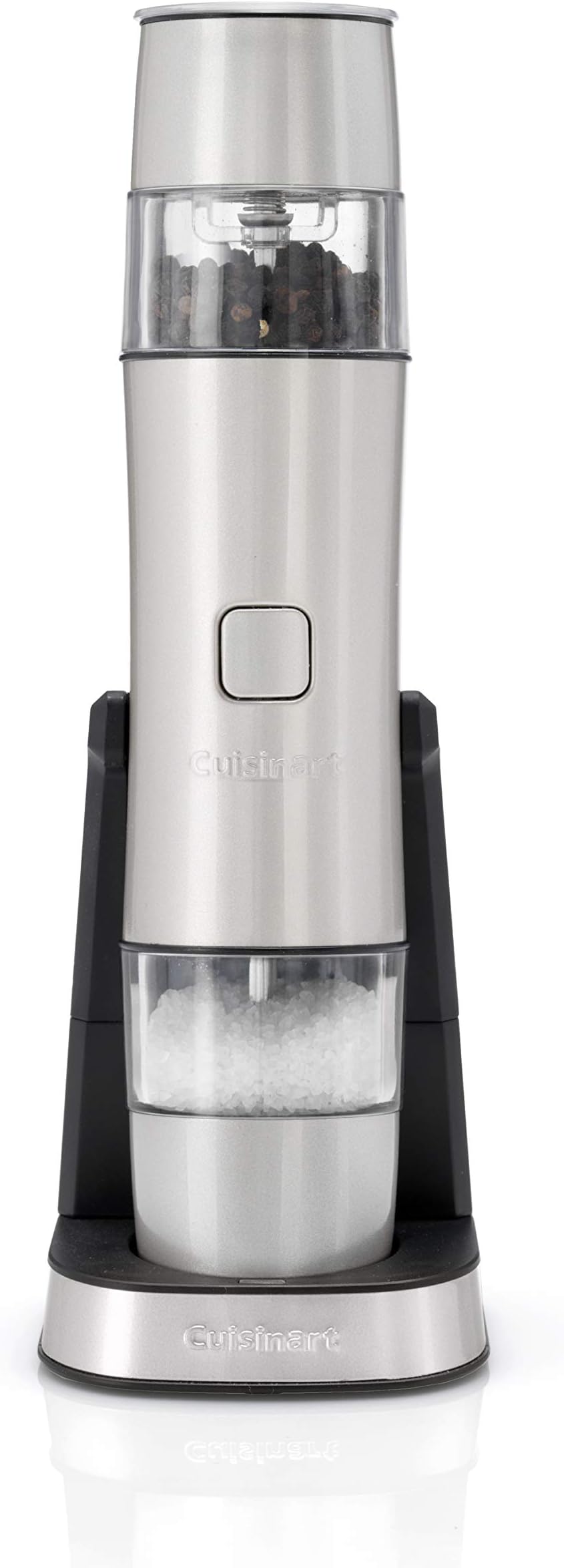Cuisinart Electric Salt and Pepper Grinder Set Rechargeable Seasoning Mill No Batteries needed, 20 min charging Measuring cap Adjustable Grind settings 3 year guarantee Frosted Pearl
