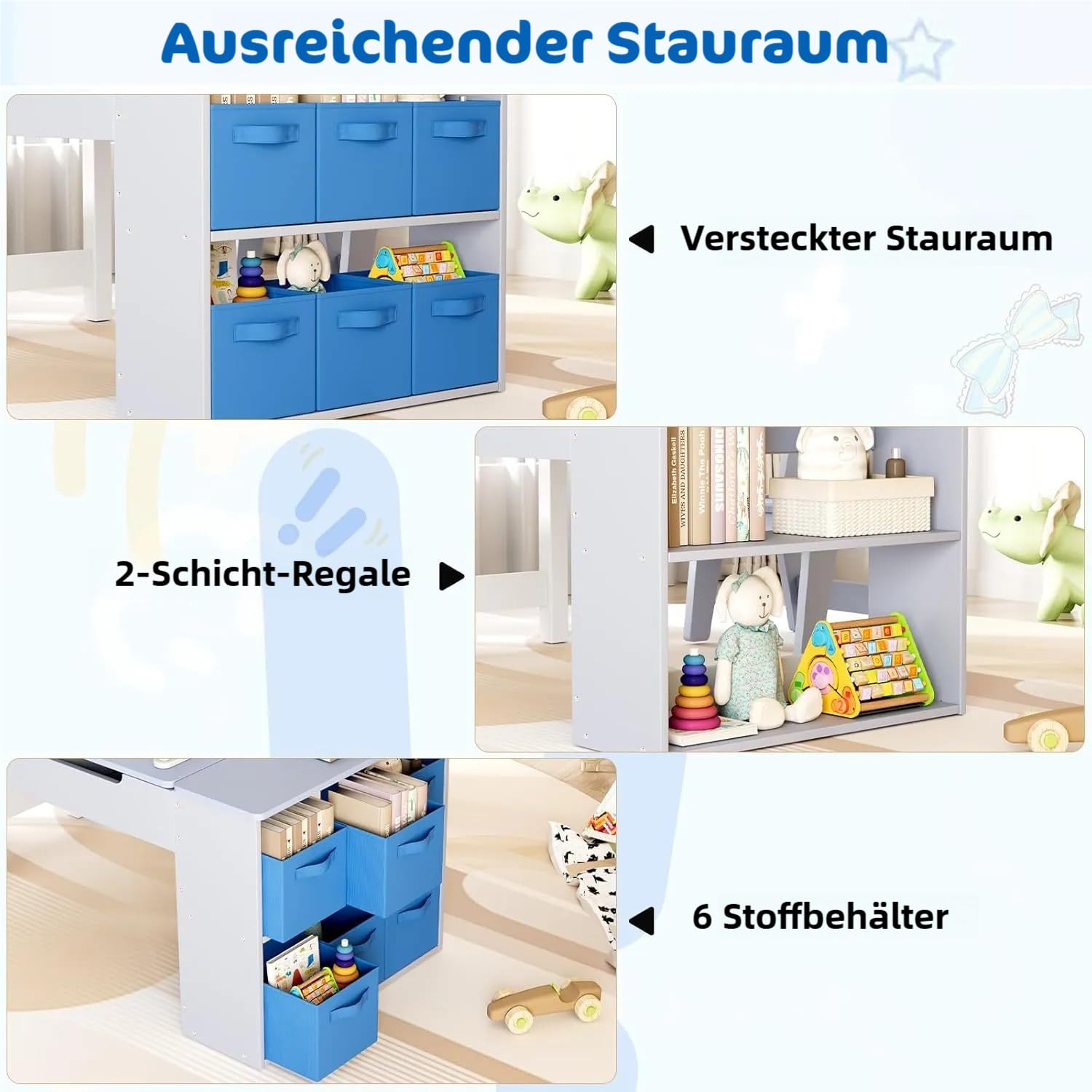 Clevich Kindertisch mit 2 Stühlen, Tisch-Stuhl Set Holz, Kindersitzgruppe mit Stauraum, Maltisch mit Papierrolle, Mal und Basteltisch für ab 3 Jahre (Blau)