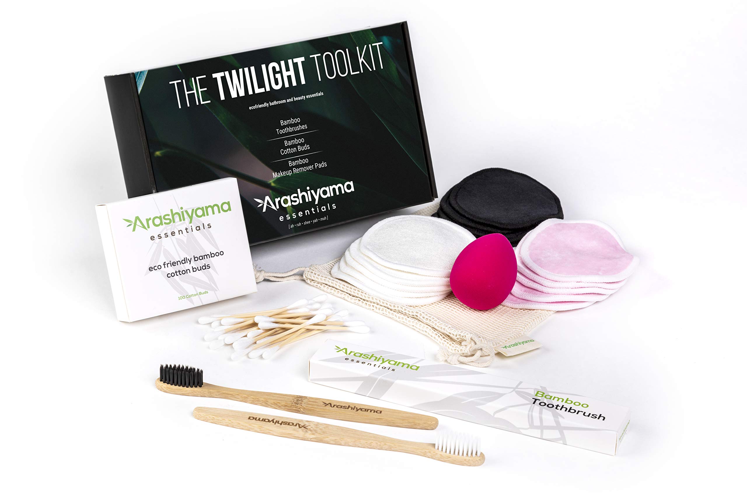 ArashiyamaTwilight Toolkit I 15 Reusable Bamboo Makeup Remover Pads, Toothbrushes and more I Everyday beauty essentials | FREE Laundry Bag included