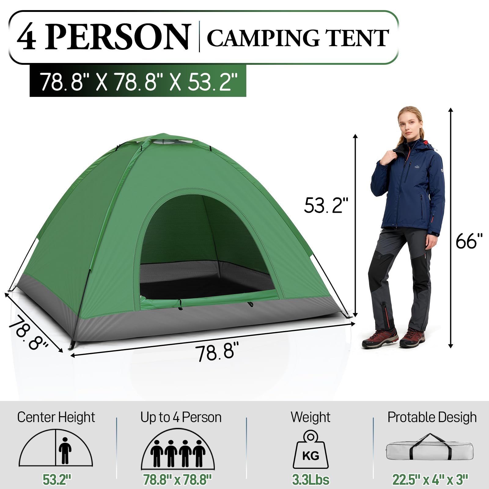 LEADZM Tente de camping portable pour 3 à 4 personnes, imperméable, coupe-vent, protection UV, structure en fibre de verre, idéale pour le camping, les pique-niques, bleu