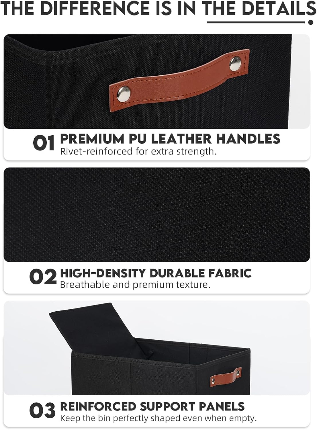 Fabric Storage Bins (15x11x9.5”) – Reinforced 2.5mm Cardboard Shelf Bins with PU Leather Handles – [6-Pack] Durable Storage Baskets for Closet Organization, Toy Organizer, & Home Office – Black