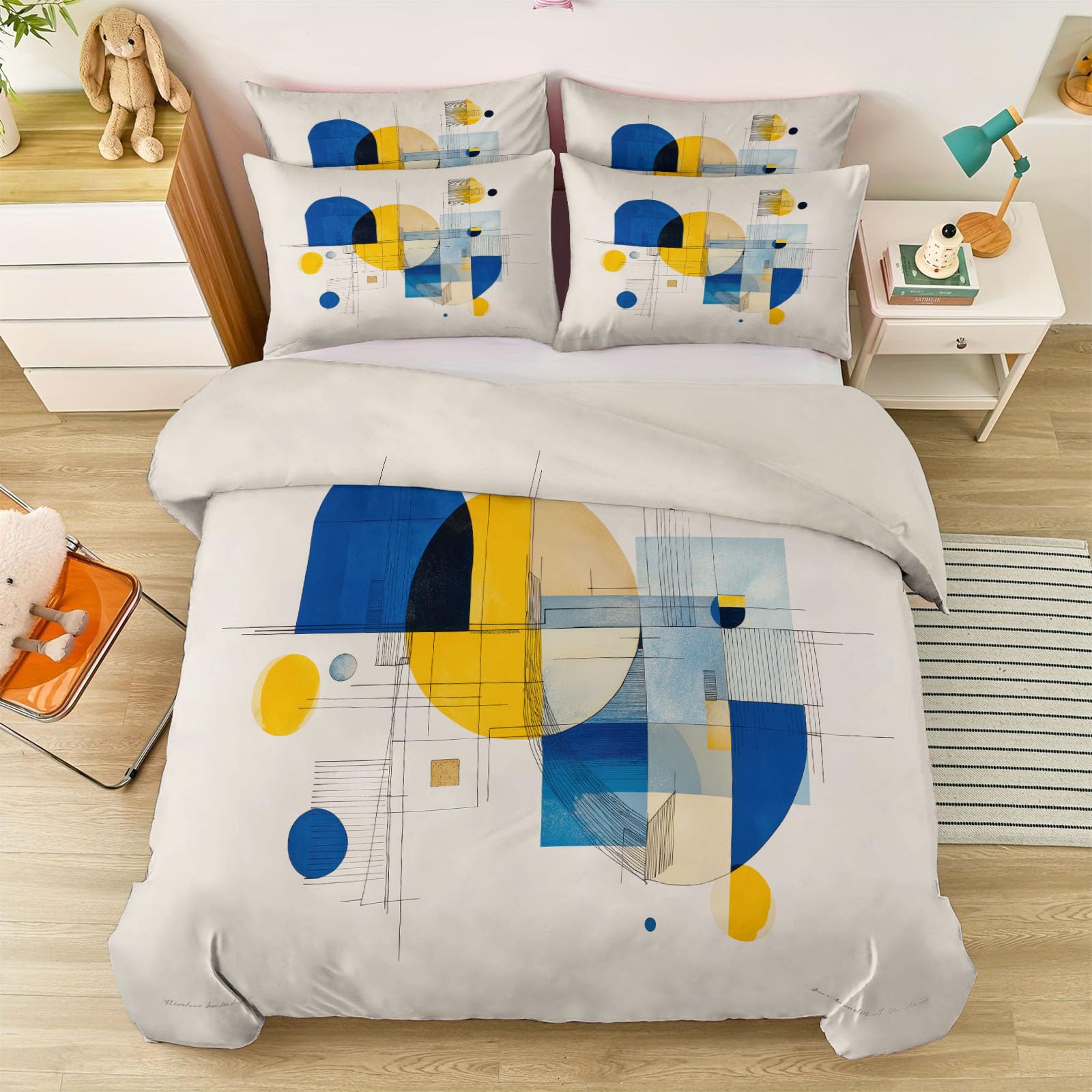 Set copripiumino bianco crema, 230 x 220 cm, traspirante, motivo geometrico astratto a blocchi di colore, in microfibra, facile da pulire, con cerniera e federe, per ragazzi