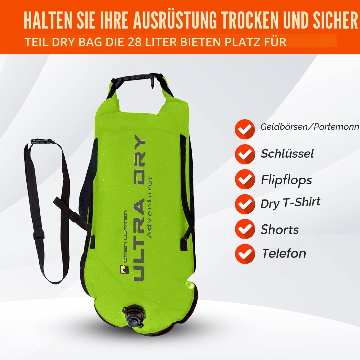 Schwimmboje Abschleppschwimmer gut sichtbar Schwimmkörper Dry Bag mit verstellbarem Taillengürtel, Trageriemen, wasserdichte Handyhülle für offenes Wasser, Wassersport, Schwimmen, Triathlons, 28l Grün