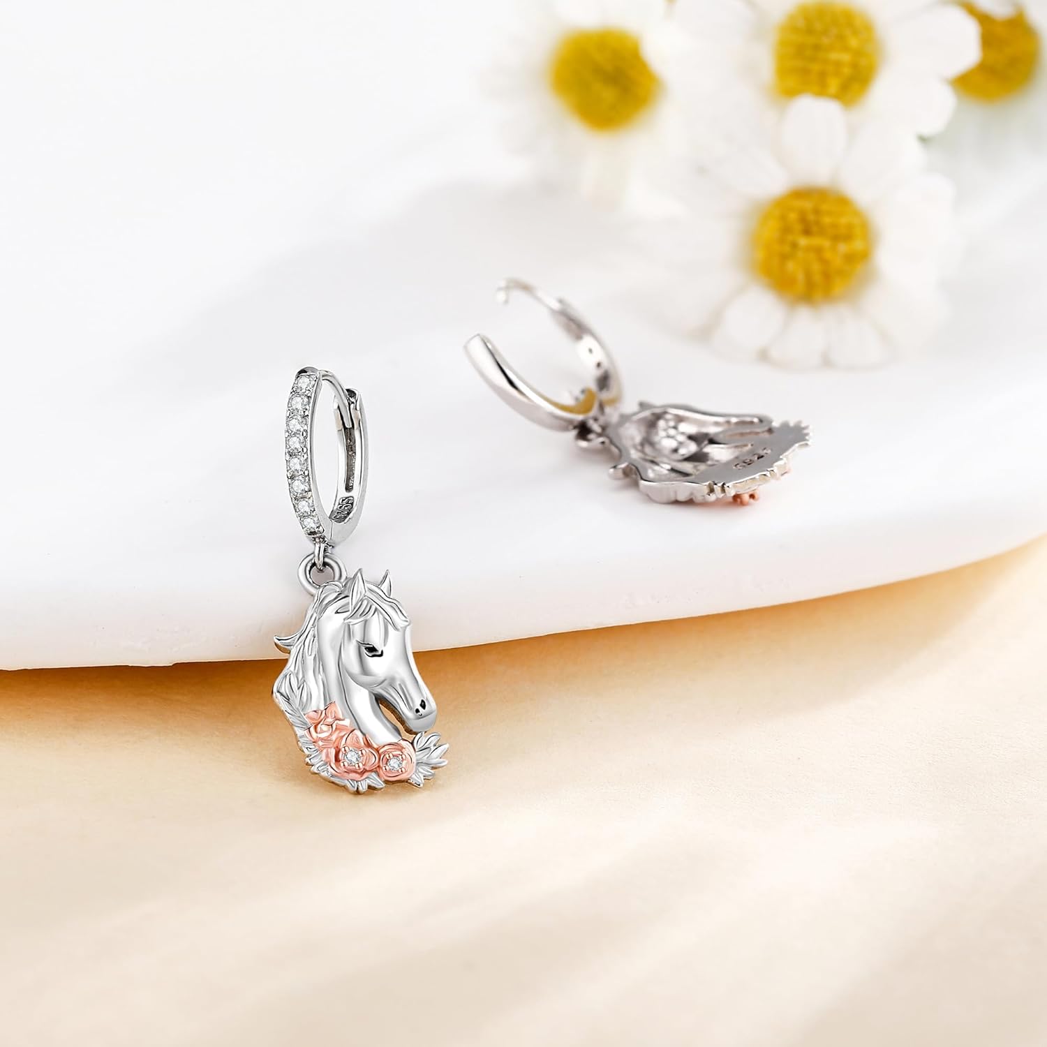 Horse Earrings 925 Sterling Silver Beautiful Flower And Horse Dangle Earrings Horse Jewelry Presents For Women Teen