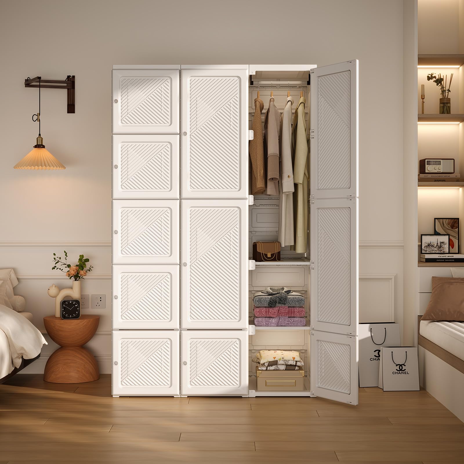 Zusammenklappbarer Kleiderschrank,104x170x50cm, schnelle Montage, vielseitiger Schrank mit Kleiderstange und Magnettüren, Perfekt für Schlafzimmer und Wohnzimmer,5 Staufächer-3 Kleiderbügel