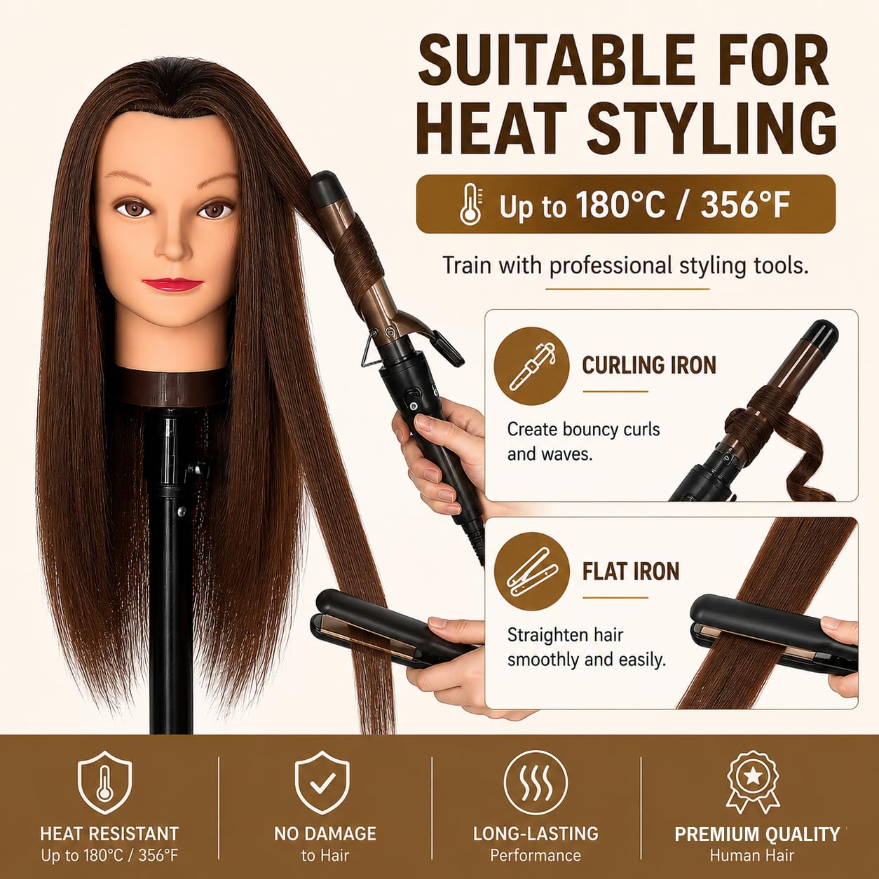 Mannequinkopf mit 100% menschlichem Haar, Echthaar Kosmetologie Mannequinkopf Haar Styling Friseurpraxis Training Puppenkopf mit Klemmhalter 16" Dunkelbraun