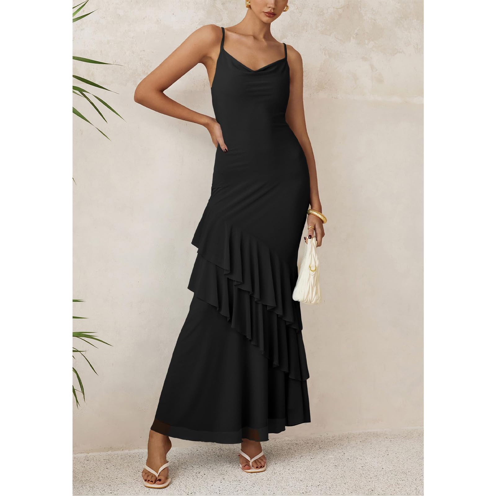 Vestito Lungo Donna Abito Sexy Spaghetti Strap Bodycon Vestito Senza Maniche Abito Maxi con Volant Elegante Vestiti Aderente Scollo a V Estivo Abiti da Cocktail Sera Festa Cerimonia
